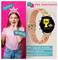 Girl with a crown smiling, next to a smartwatch with a coloured wristband. Functions: SOS button, activity reward, games & music.