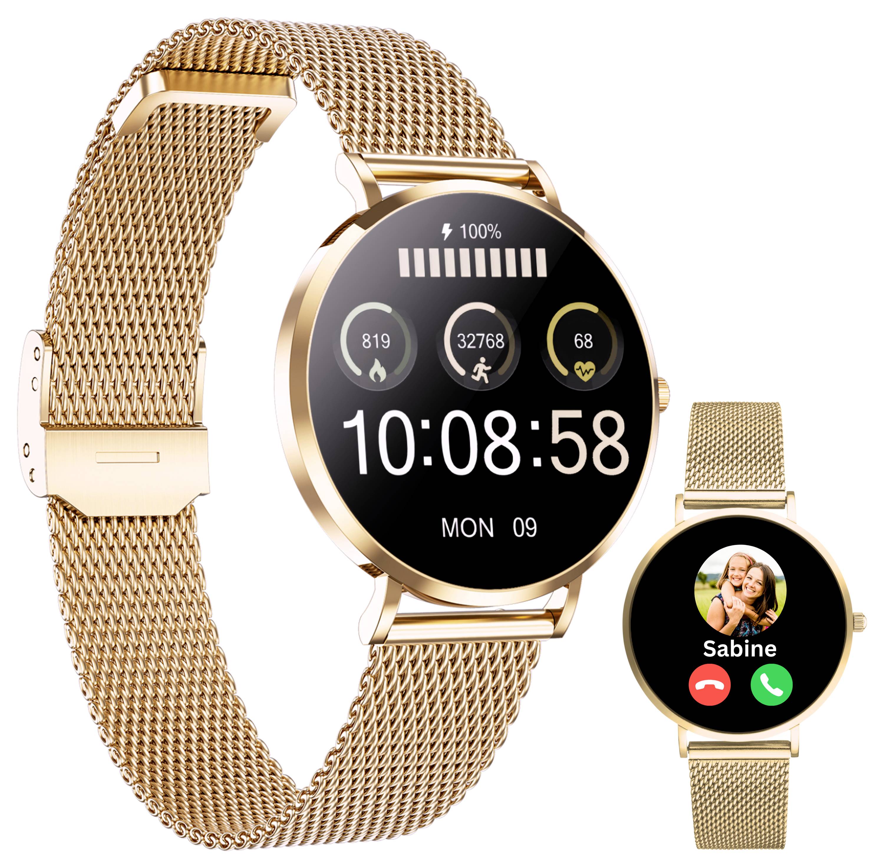 A gold smartwatch displaying time '10:08:58' and fitness data, with a smaller image showing an incoming call from 'Sabine'.