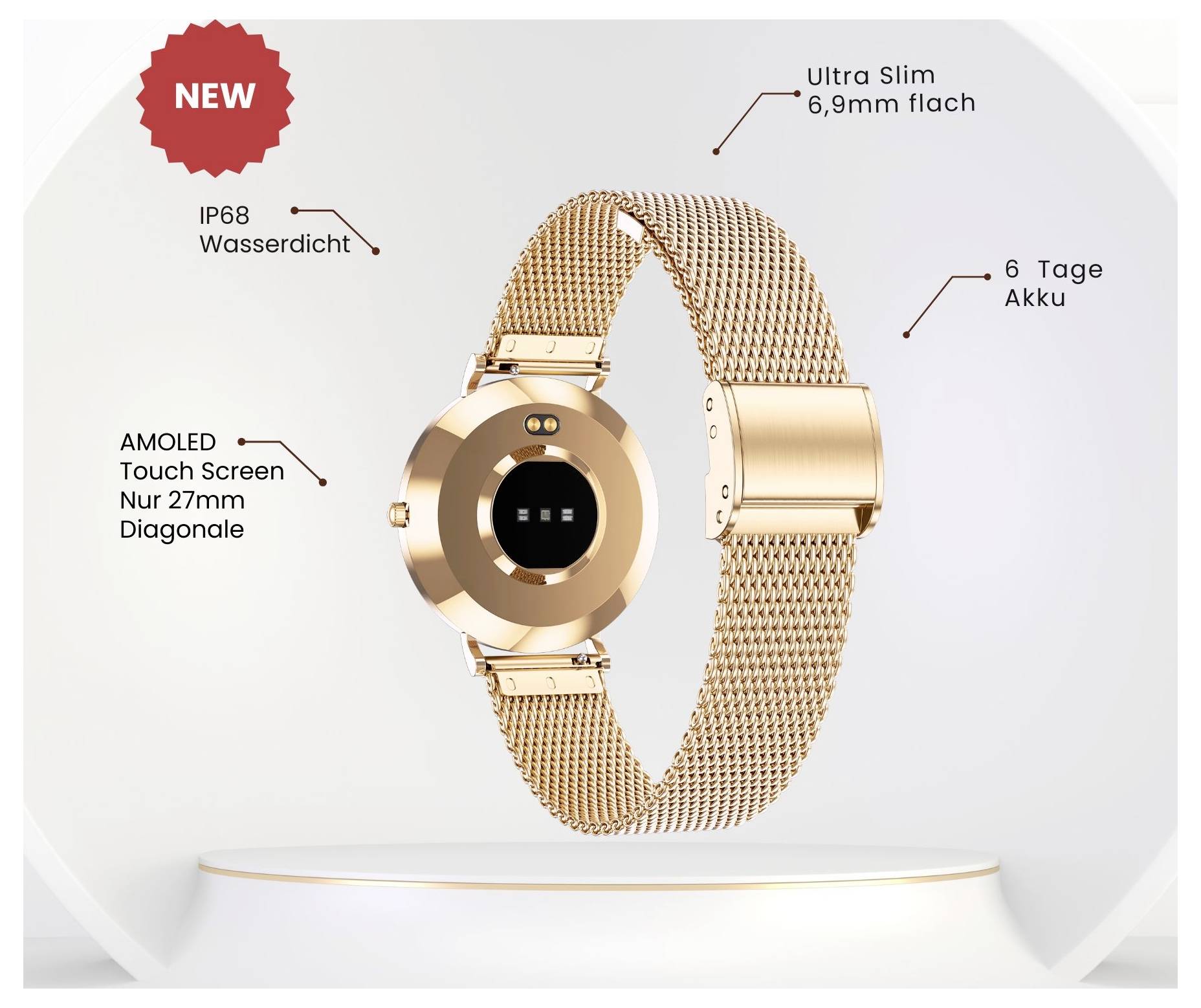A golden, waterproof smartwatch with a 27mm AMOLED touchscreen, 6-day battery life and a slim, elegant design.
