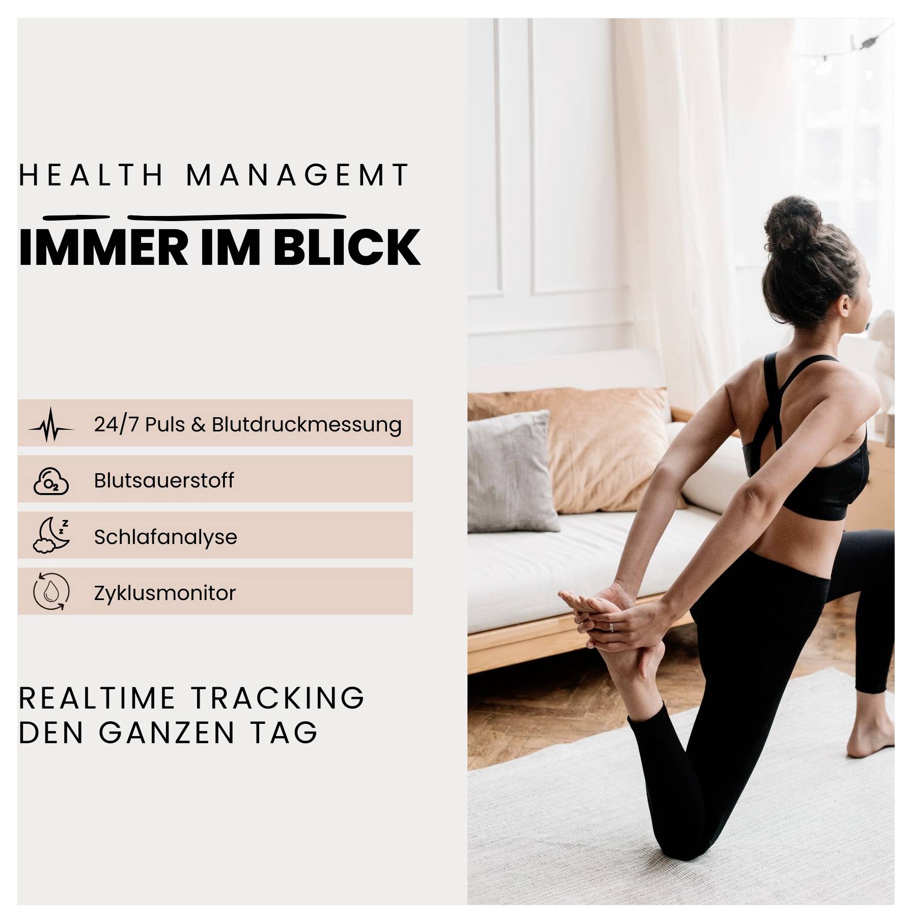 'Health Management Always in View'. Woman in Yoga Pose. Text: '24/7 Pulse & Blood Pressure Monitoring, Blood Oxygen, Sleep Analysis, Cycle Tracker, Real-Time Tracking'.