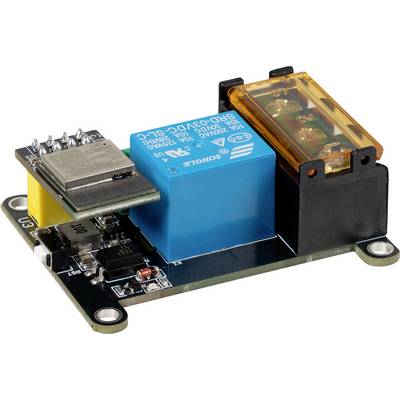 A small electronic circuit board with a blue relay, a yellow component, and a microcontroller module is displayed on a black base.