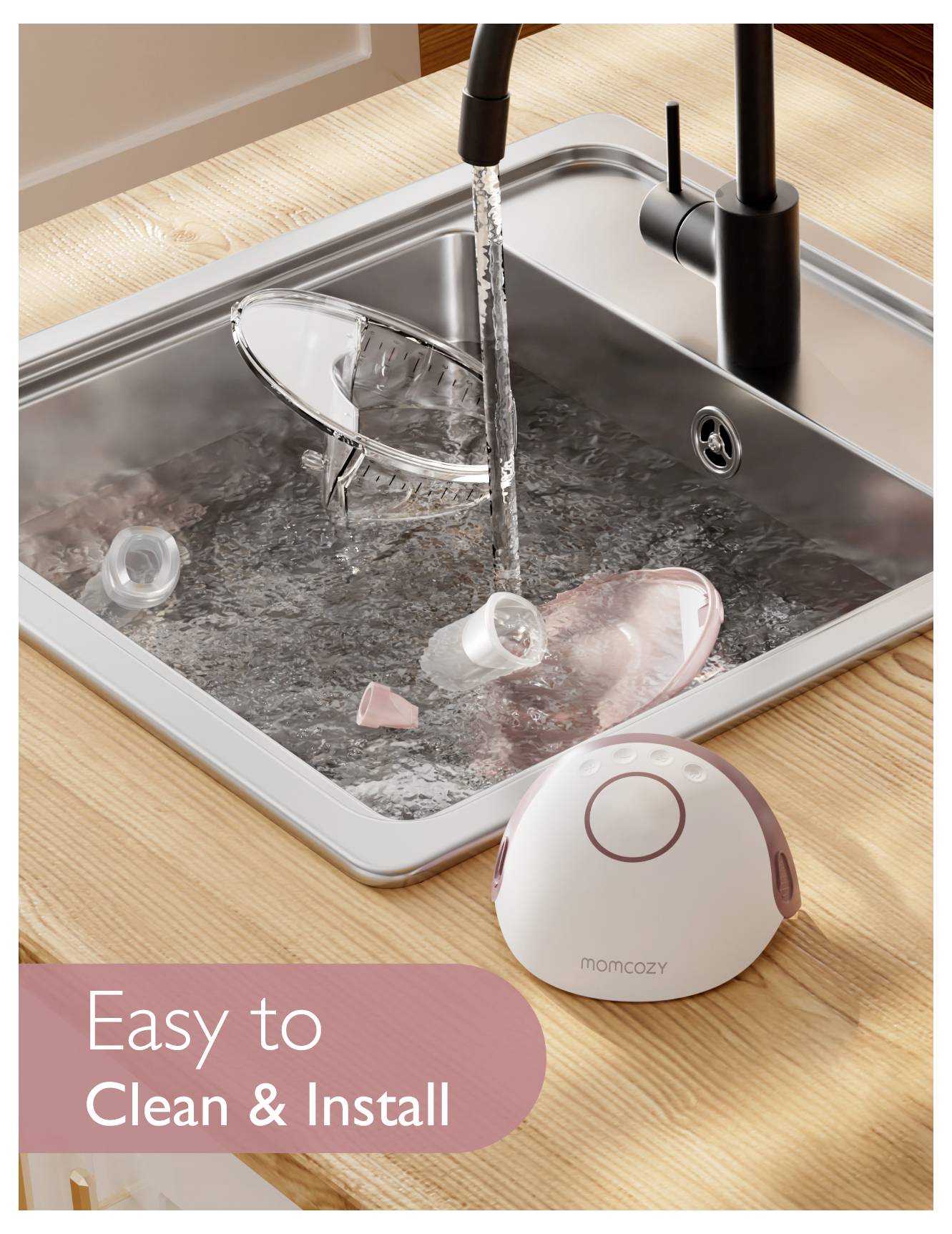 A breast pump part being rinsed under water in a kitchen sink, with a note saying 'Easy to Clean & Install'. The pump unit sits on the counter.