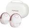 Dual breast pumps with digital display, transparent bases, and a white carrying case labeled 'momcozy.'