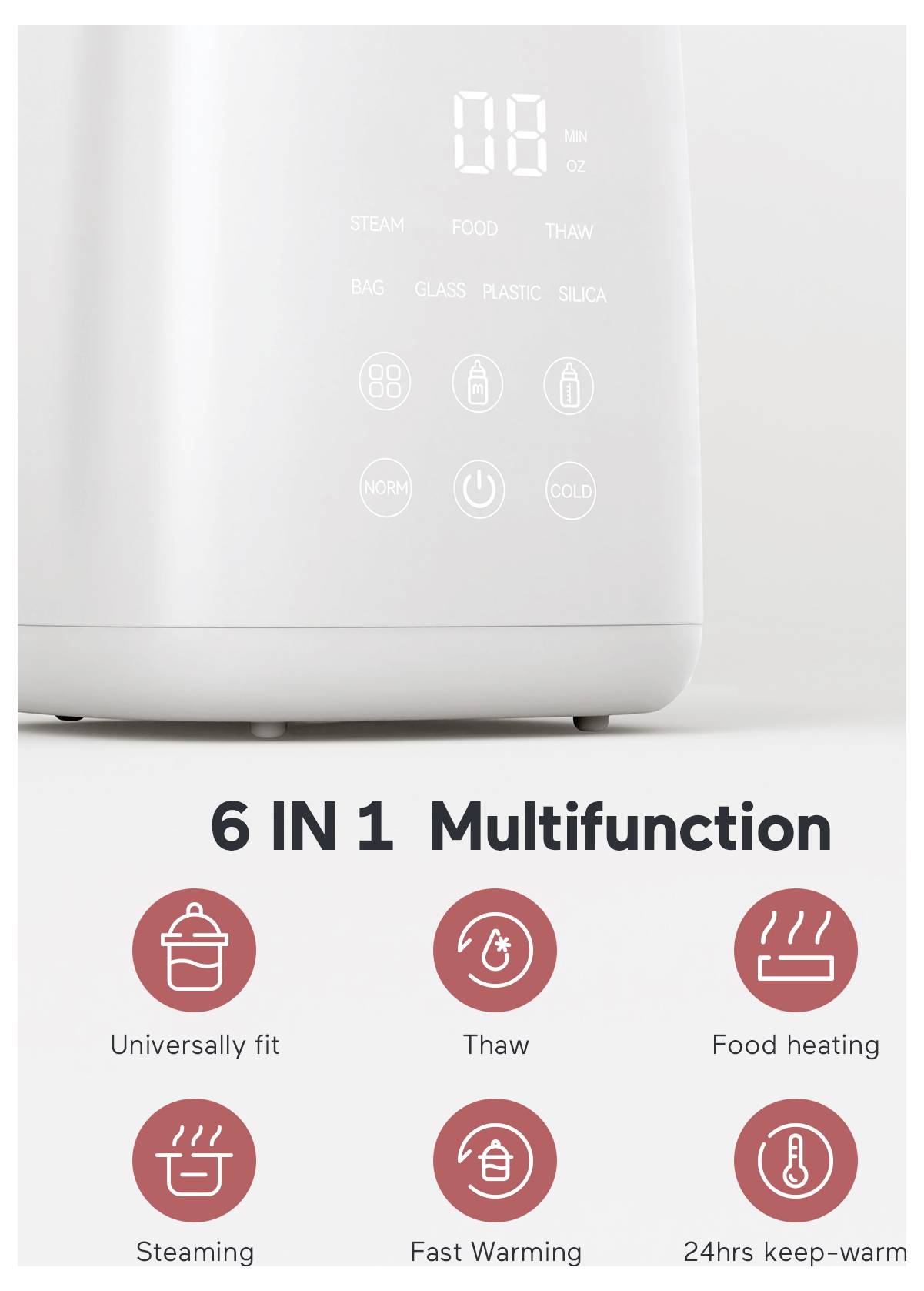 '6 IN 1 Multifunction' appliance with features: Universally fit, Thaw, Food heating, Steaming, Fast Warming, 24hrs keep-warm.