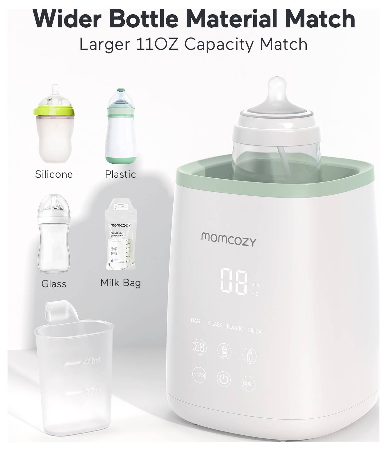 'Electric bottle warmer with digital display showing compatibility with silicone, plastic, glass, and milk bag bottles.'