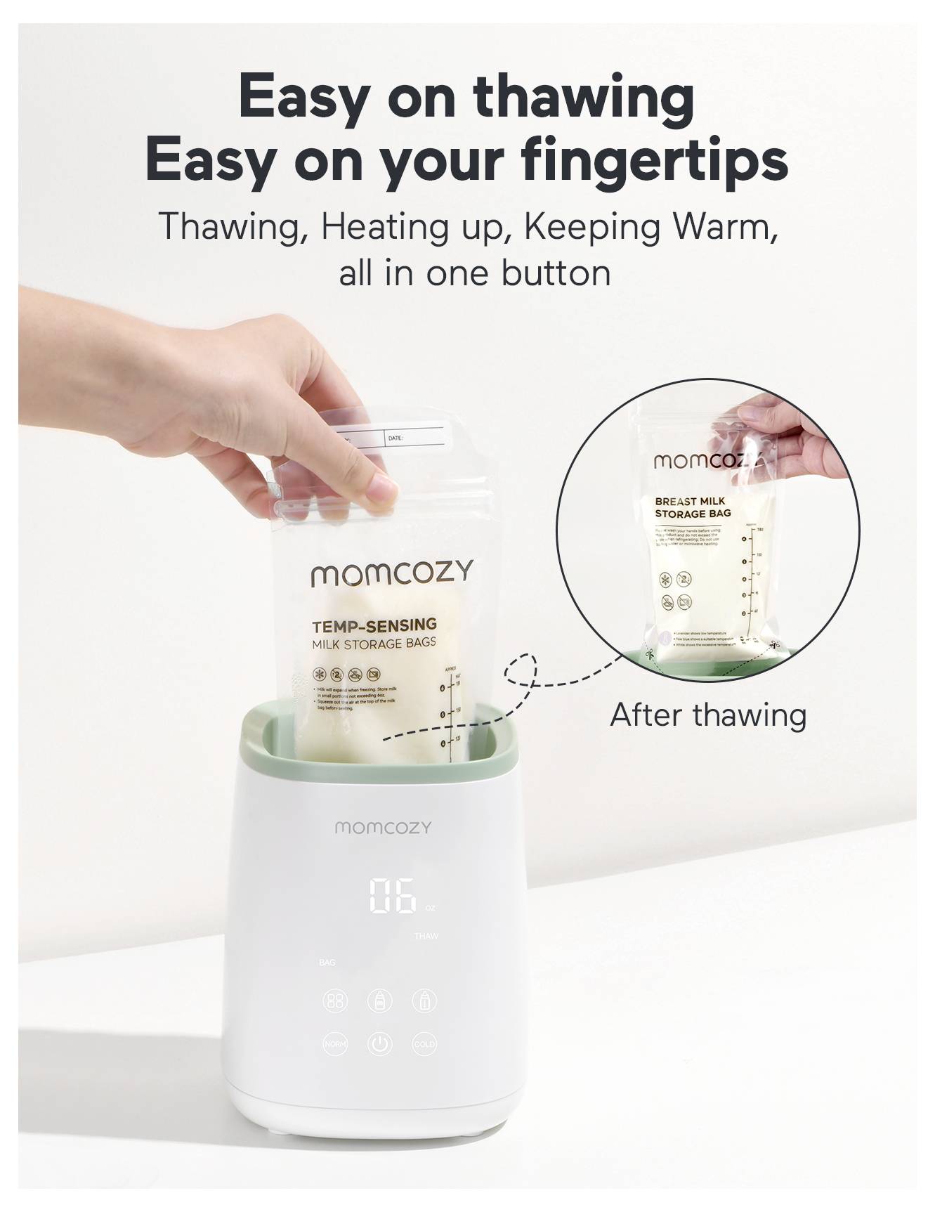 A person places a 'momcozy' milk storage bag into a warmer. Text: 'Easy on thawing. Thawing, Heating up, Keeping Warm, all in one button.'