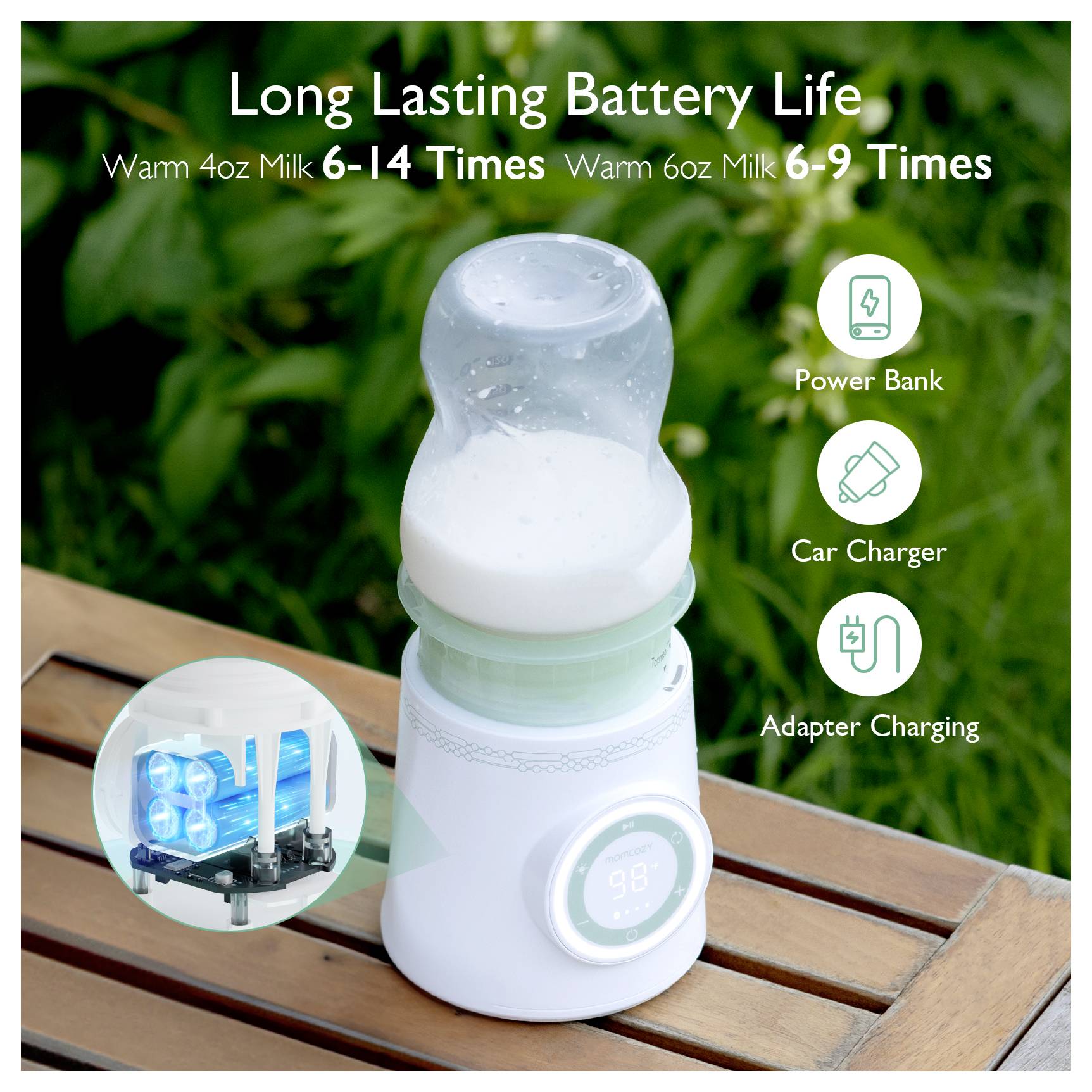 Baby bottle warmer on a table, powered by various sources like power bank, car charger, and adapter. Text: 'Long Lasting Battery Life'.