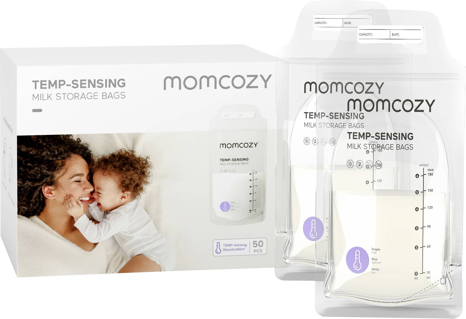 A box and two packages of Momcozy Temp-Sensing Milk Storage Bags are shown. An image of a mother and baby is on the box.