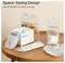 'Space-Saving Design' breast milk storage bags shown on a wooden table, displayed in various orientations for easy storage.