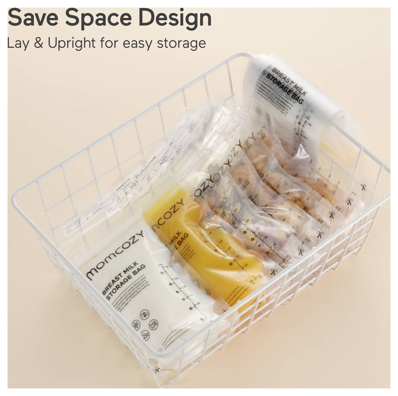 'Save Space Design: Lay & Upright for easy storage.' White basket containing labeled and color-coded storage bags for breast milk.