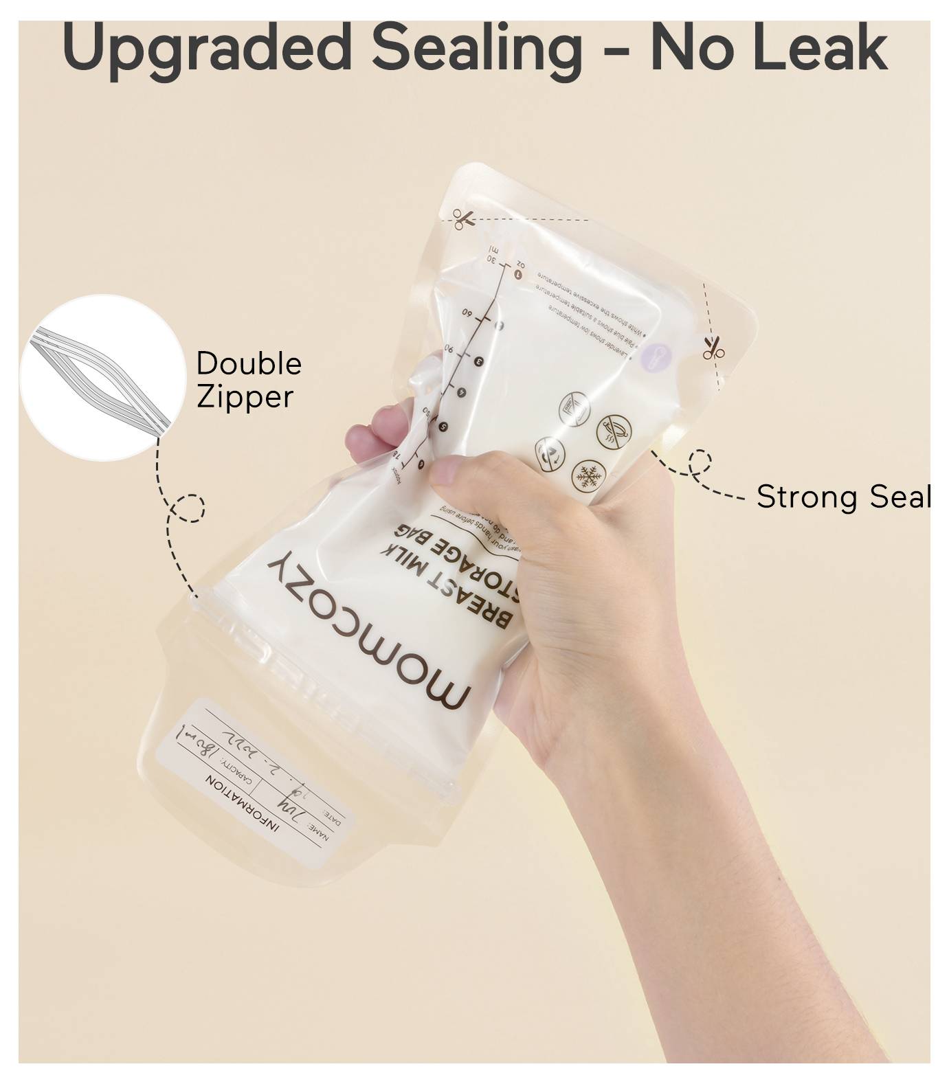'Upgraded Sealing - No Leak' breast milk storage bag shown with a hand holding it. Features include a double zipper and strong seal.