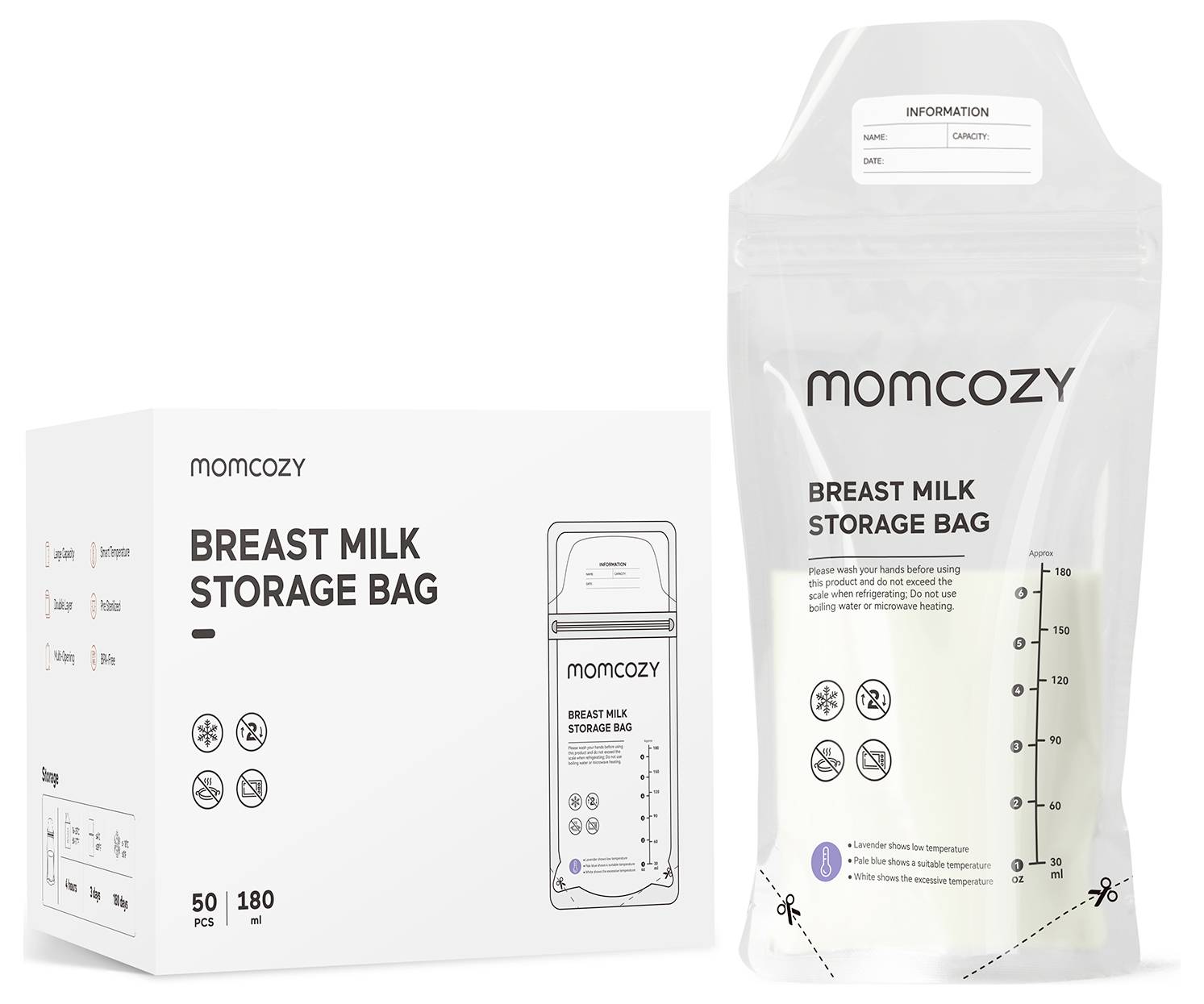 Packaging of breast milk storage bags by Momcozy, showing a box and a filled bag. The box states '50 pcs, 180 ml', includes icons and the brand name.