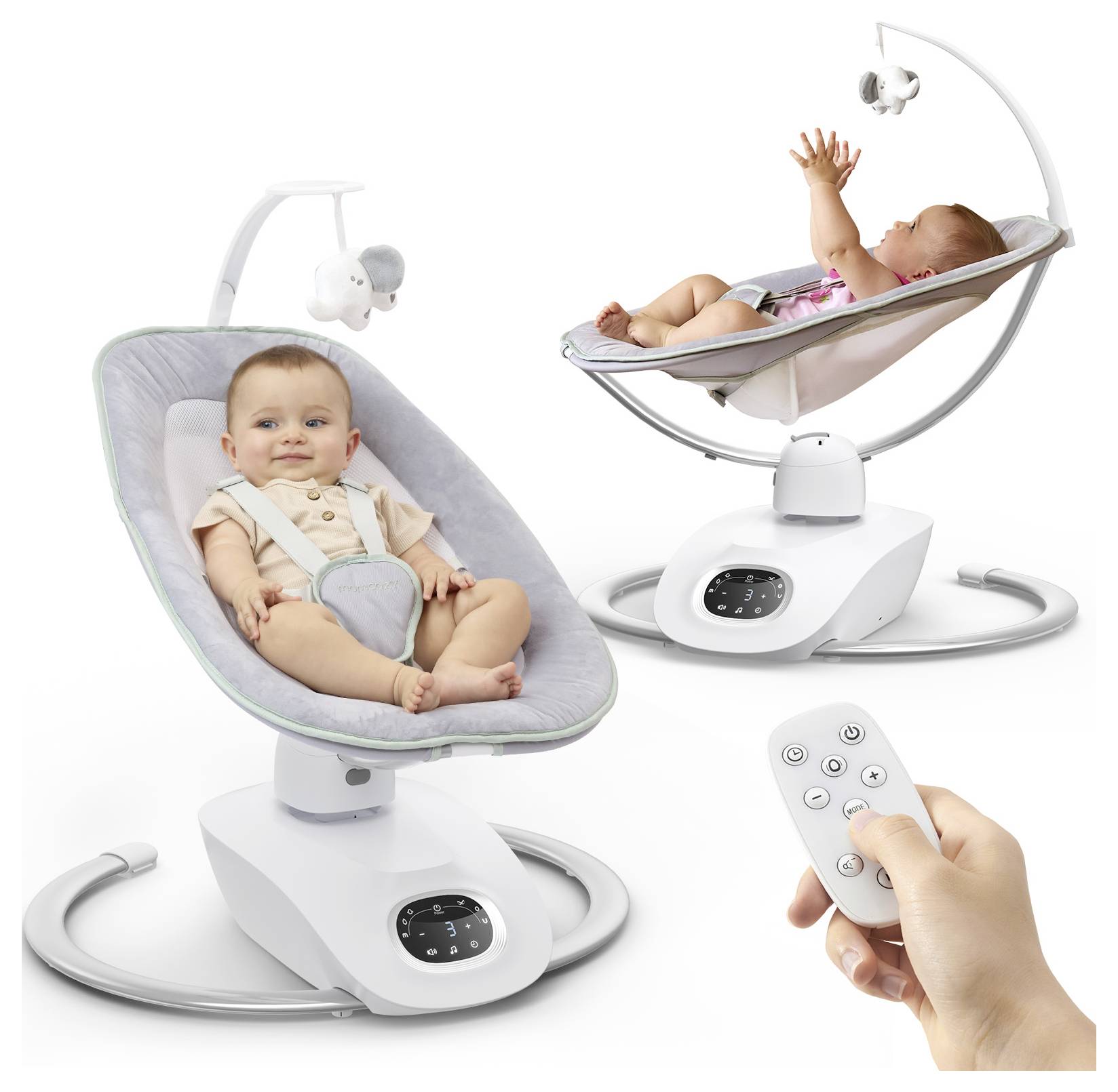 Two baby rockers with infants seated, displaying adjustable seats, a mobile with toys, and a remote control for operation.