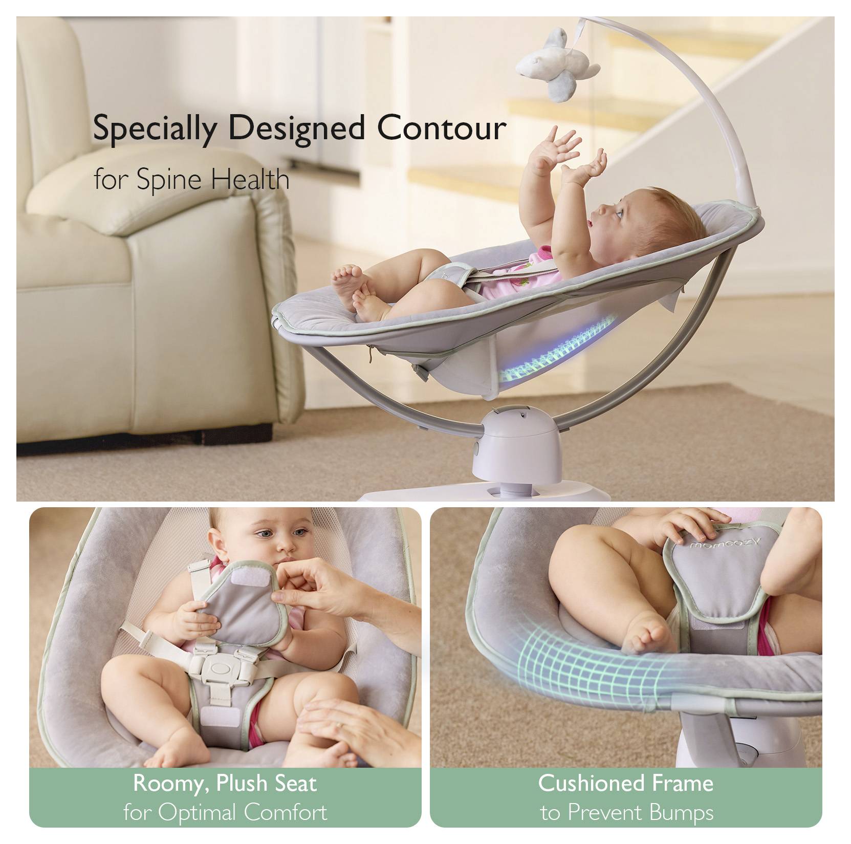 A baby reclines in a cushioned seat designed for spine health, featuring a mobile. Text highlights 'Roomy, Plush Seat' and 'Cushioned Frame'.
