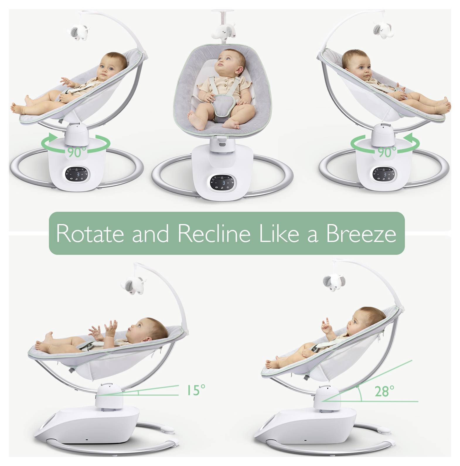 Image showing a baby in a rotating and reclining baby chair. Text reads 'Rotate and Recline Like a Breeze' with angles 90°, 15°, 28°.