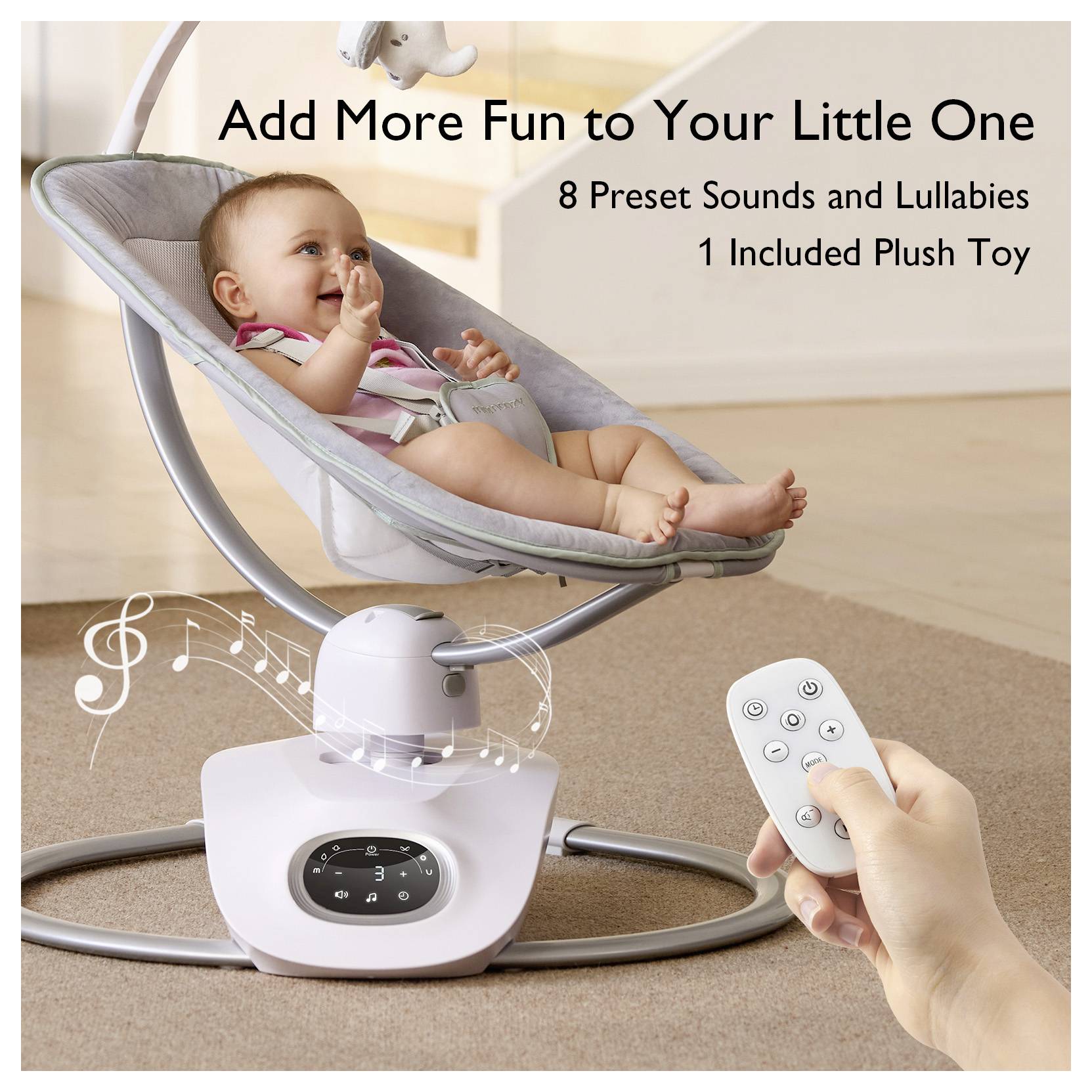 'A baby in a rocker seat smiles and reaches out. A hand holds a remote control. Text reads: Add More Fun to Your Little One.'