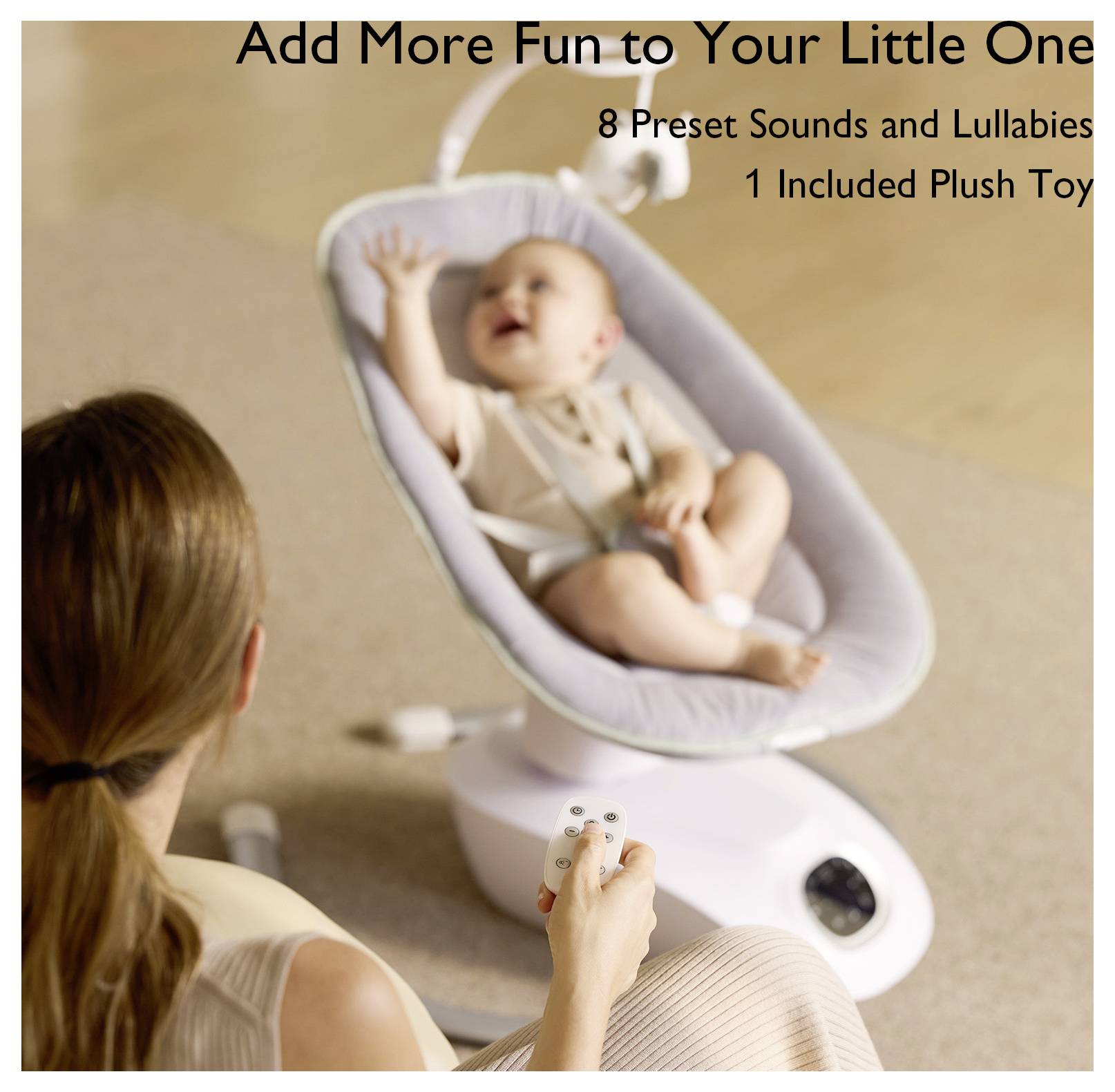 'A baby lies in a white rocker chair, holding a small toy. An adult nearby uses a remote. Text reads: "Add More Fun to Your Little One."'