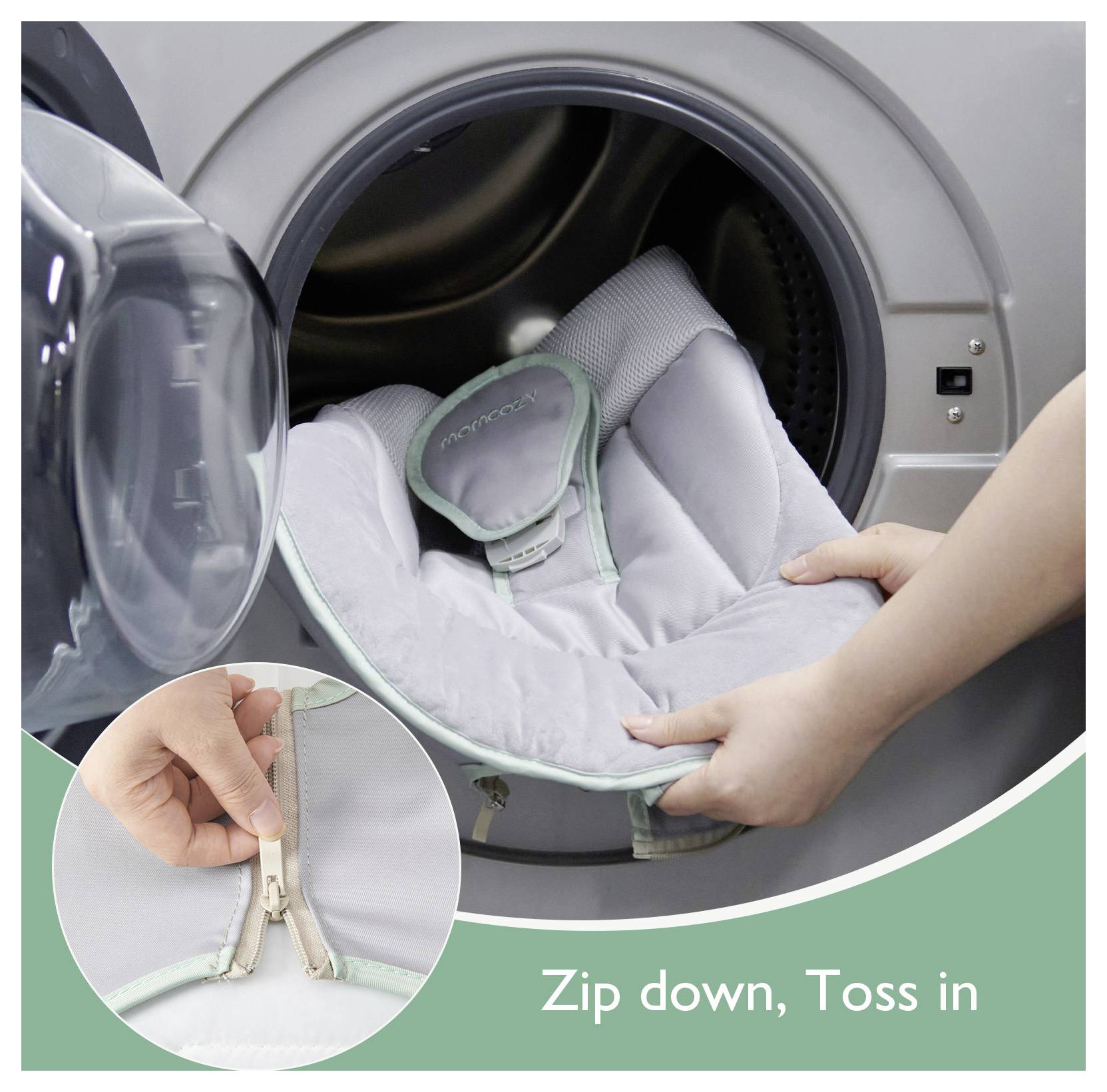 Clothing insert being placed in a washing machine, with a close-up of a two-hand zipper being opened. Text reads 'Zip down, Toss in'.