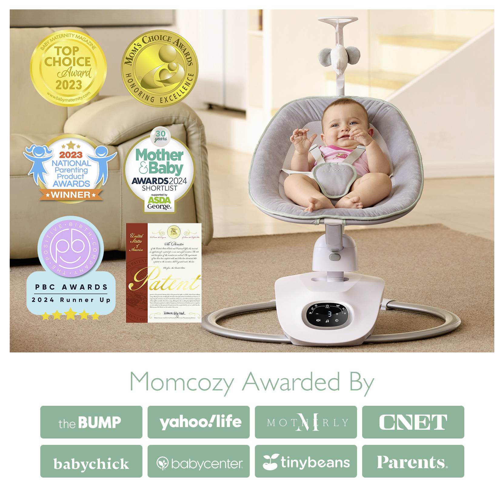 A baby in a seat holds a toy with several award badges displayed, indicating recognition for the product's excellence in parenting.