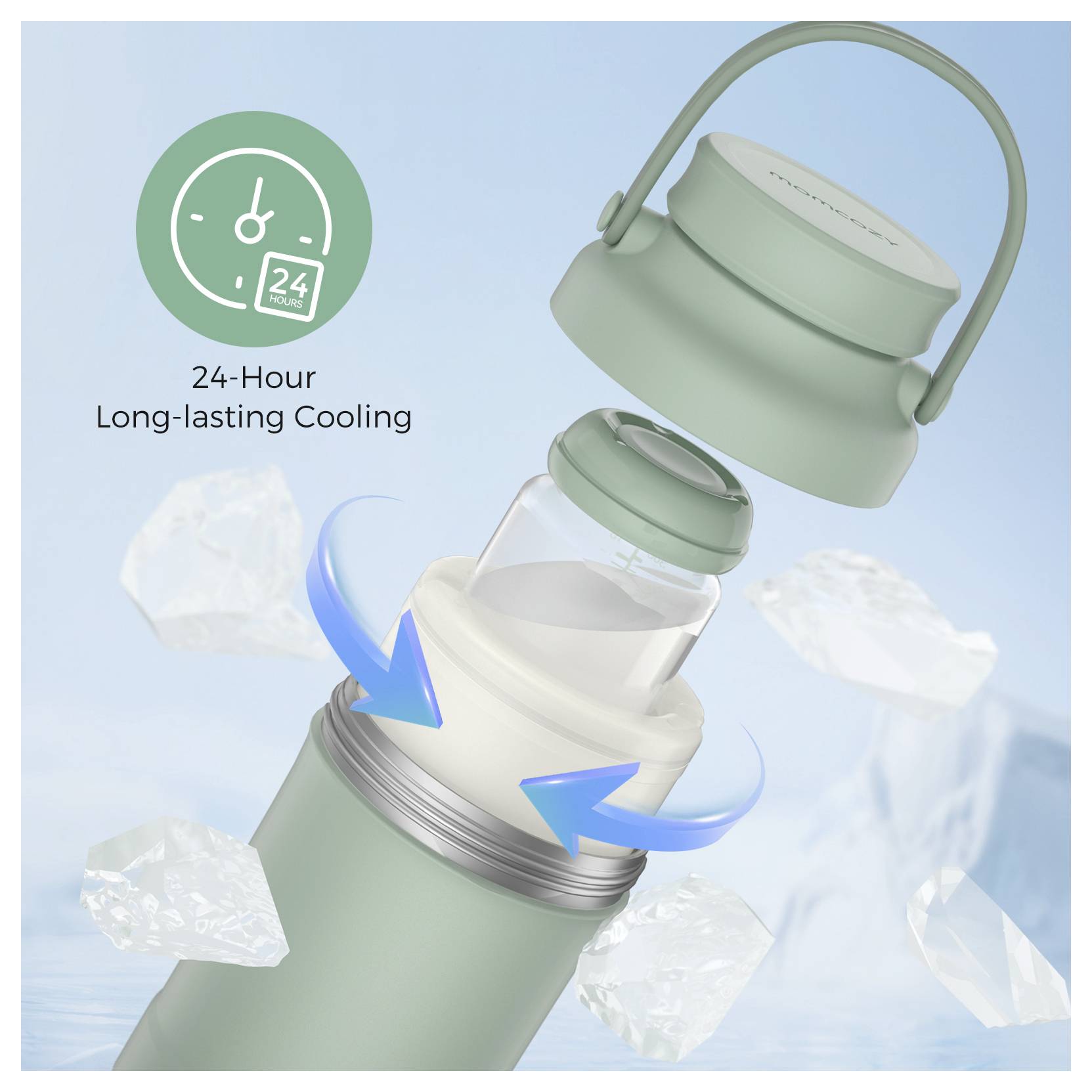 Green insulated water bottle with open lid, showing ice cubes around. Text reads '24-Hour Long-lasting Cooling' highlighting cooling feature.