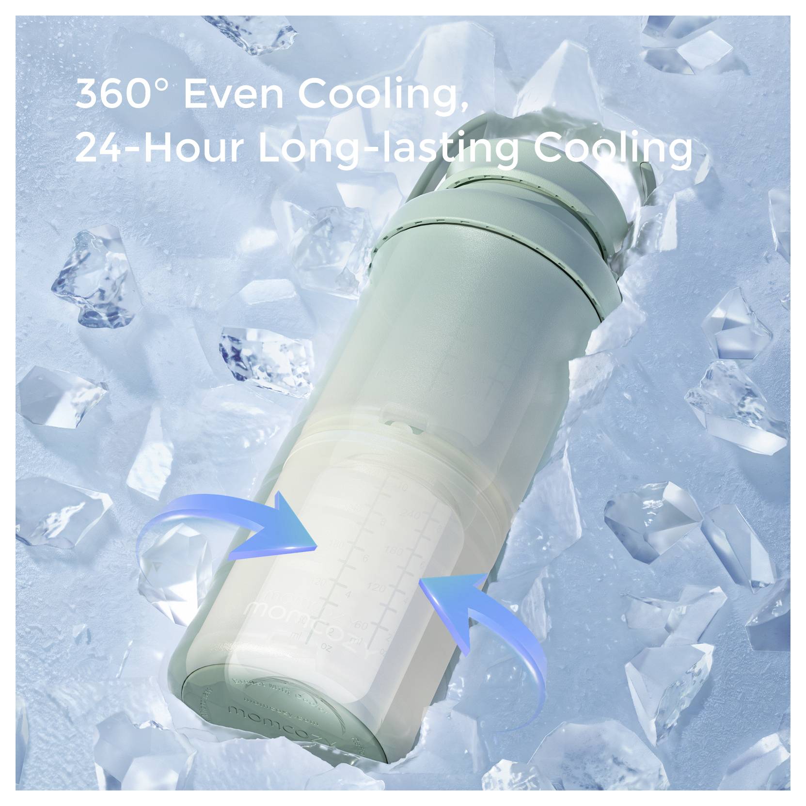 A water bottle surrounded by ice, highlighting text: '360° Even Cooling, 24-Hour Long-lasting Cooling', emphasizing cooling features.