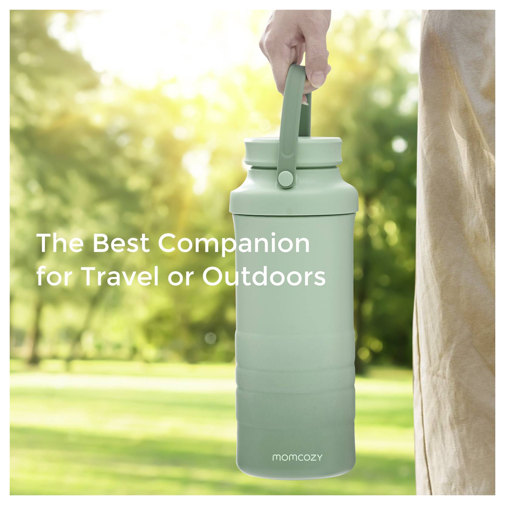 'A hand holding a green water bottle outdoors. Text reads: The Best Companion for Travel or Outdoors.'
