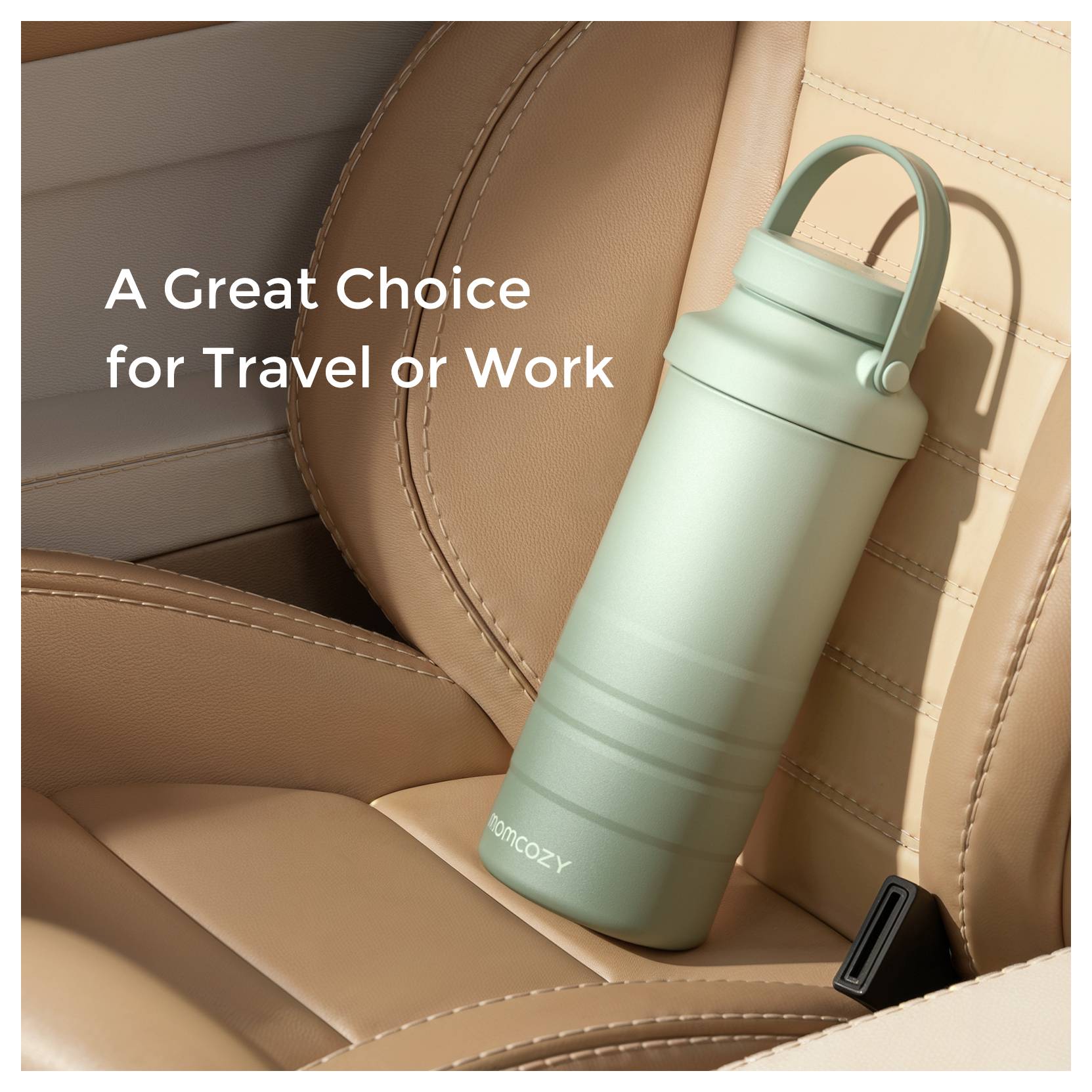 A mint green water bottle with a handle sits on a car seat. Text reads 'A Great Choice for Travel or Work.'