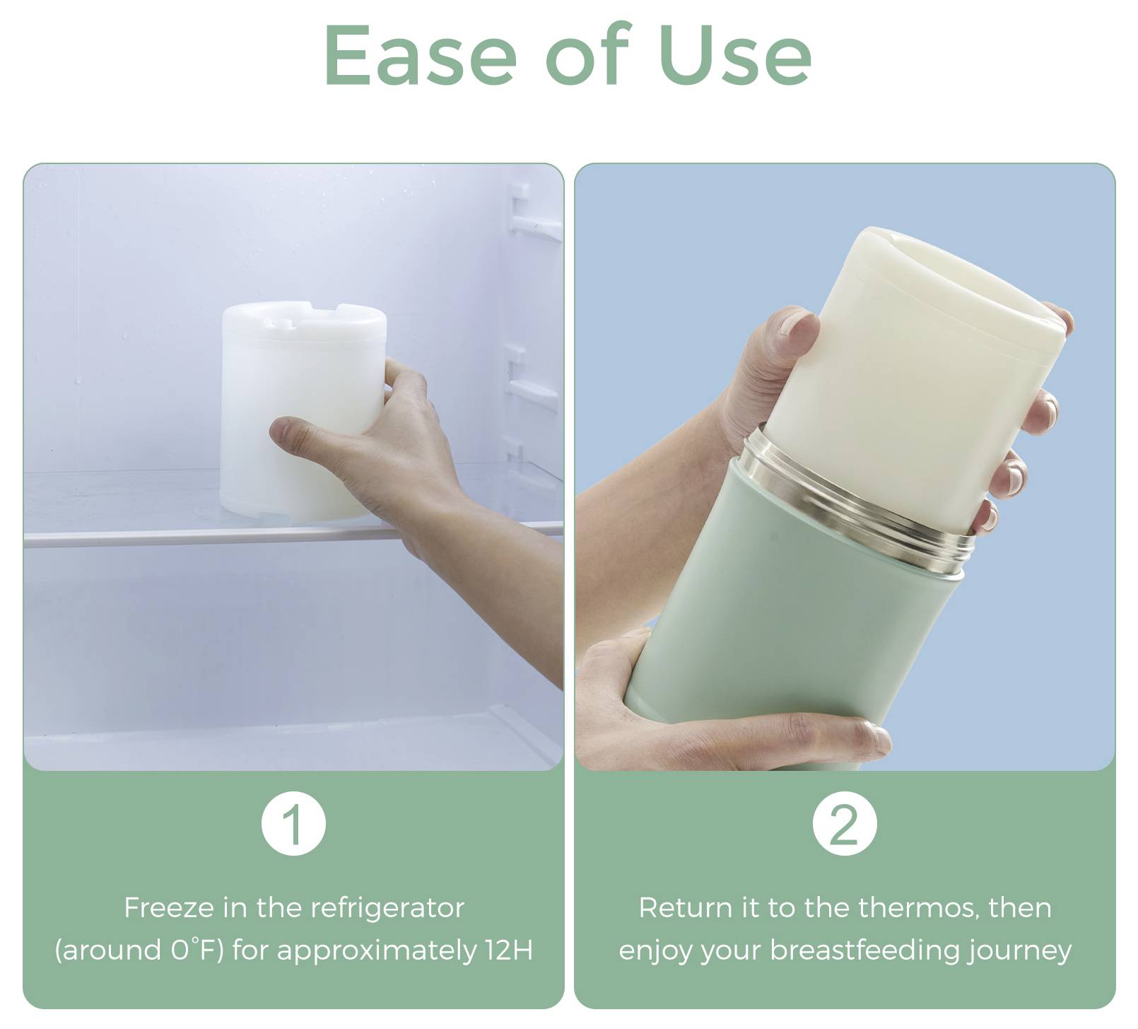 'Instructions for ease of use: 1. Freeze in refrigerator for 12 hours. 2. Return to thermos, then enjoy your breastfeeding journey.'
