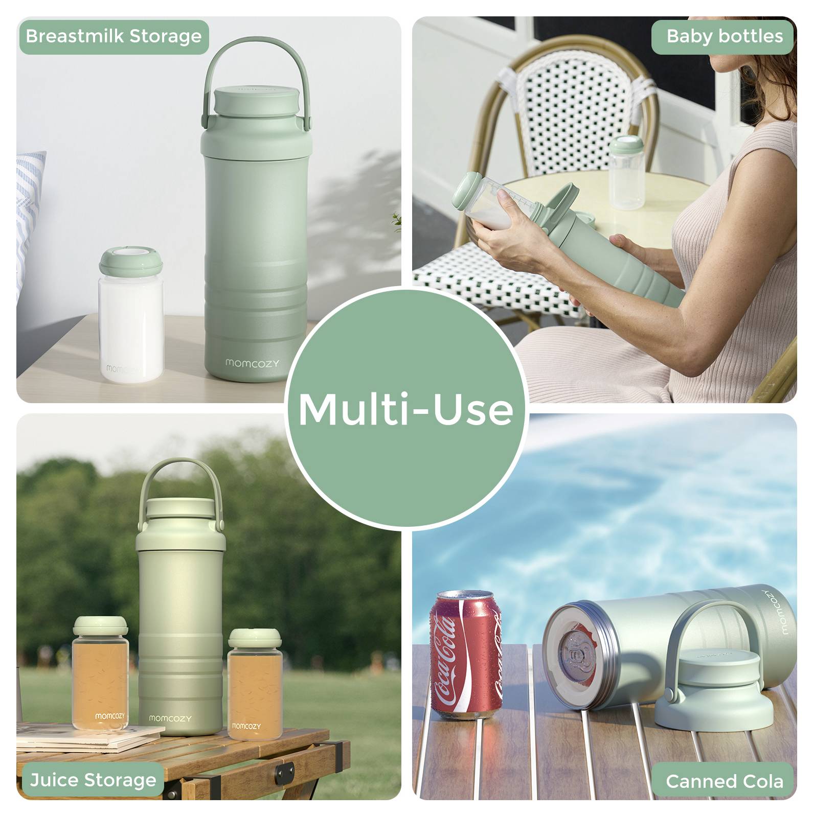 'Multi-Use' insulated bottle shown in four scenarios: breastmilk storage, baby bottles, juice storage, and canned soda by the pool.