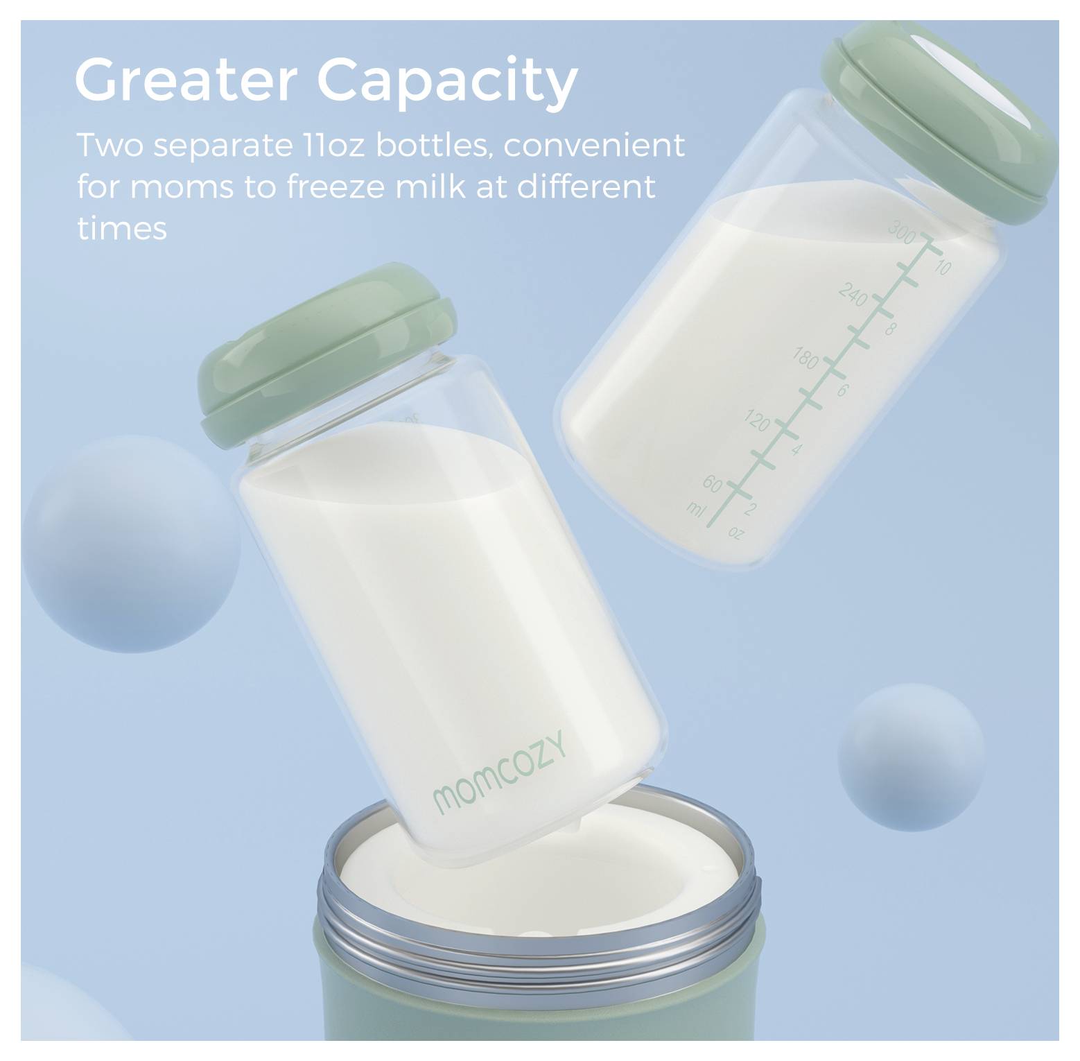 'Greater Capacity' image showing two 11oz milk bottles, one labeled, with a container. Text highlights convenience for freezing milk.