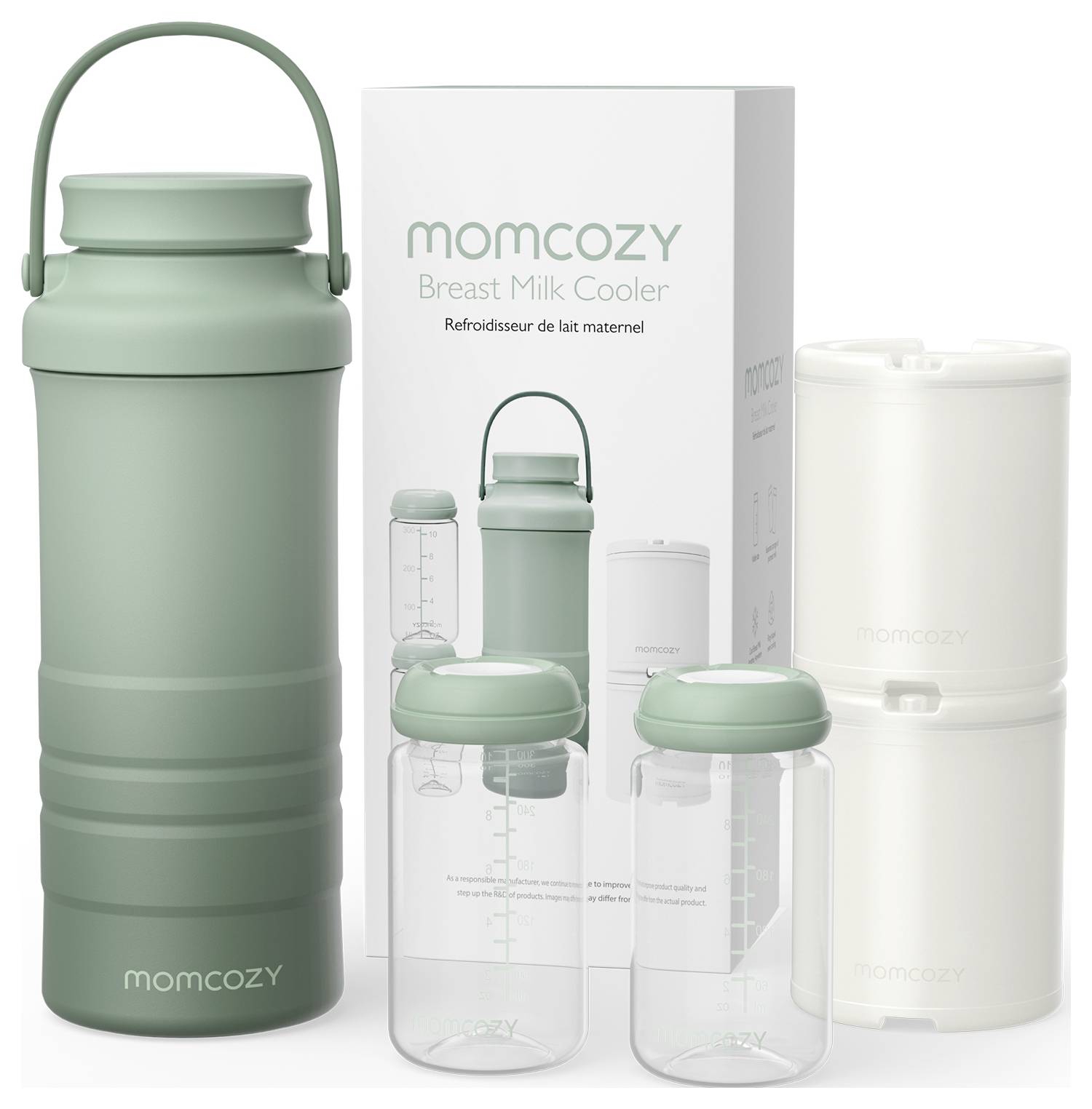 A green 'momcozy Breast Milk Cooler' with two storage bottles and a box, designed for keeping breast milk fresh and transportable.