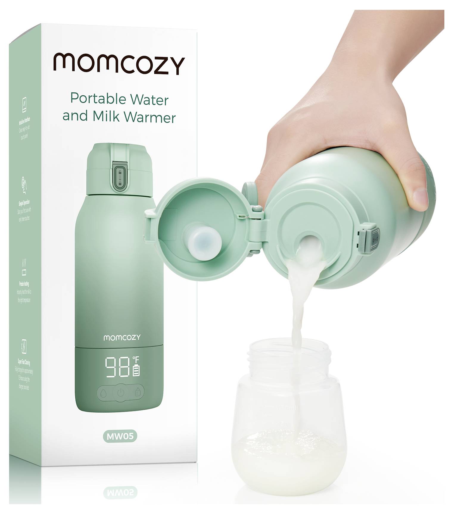'A hand pours milk from a green Momcozy portable water and milk warmer into a bottle, with the product box beside it.'