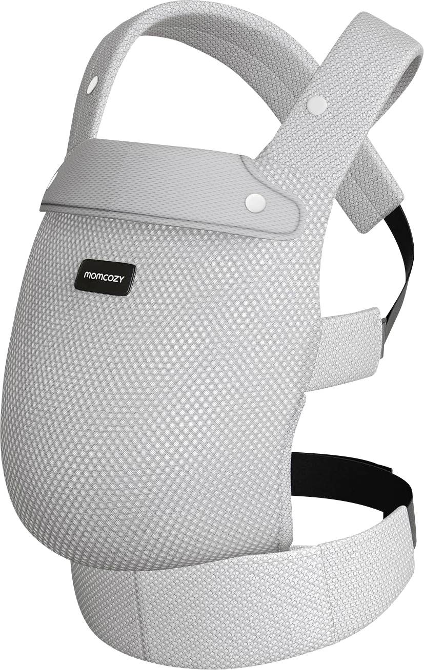 Gray fabric baby carrier with adjustable straps and waist belt, designed for hands-free carrying and comfort. Suitable for infants.