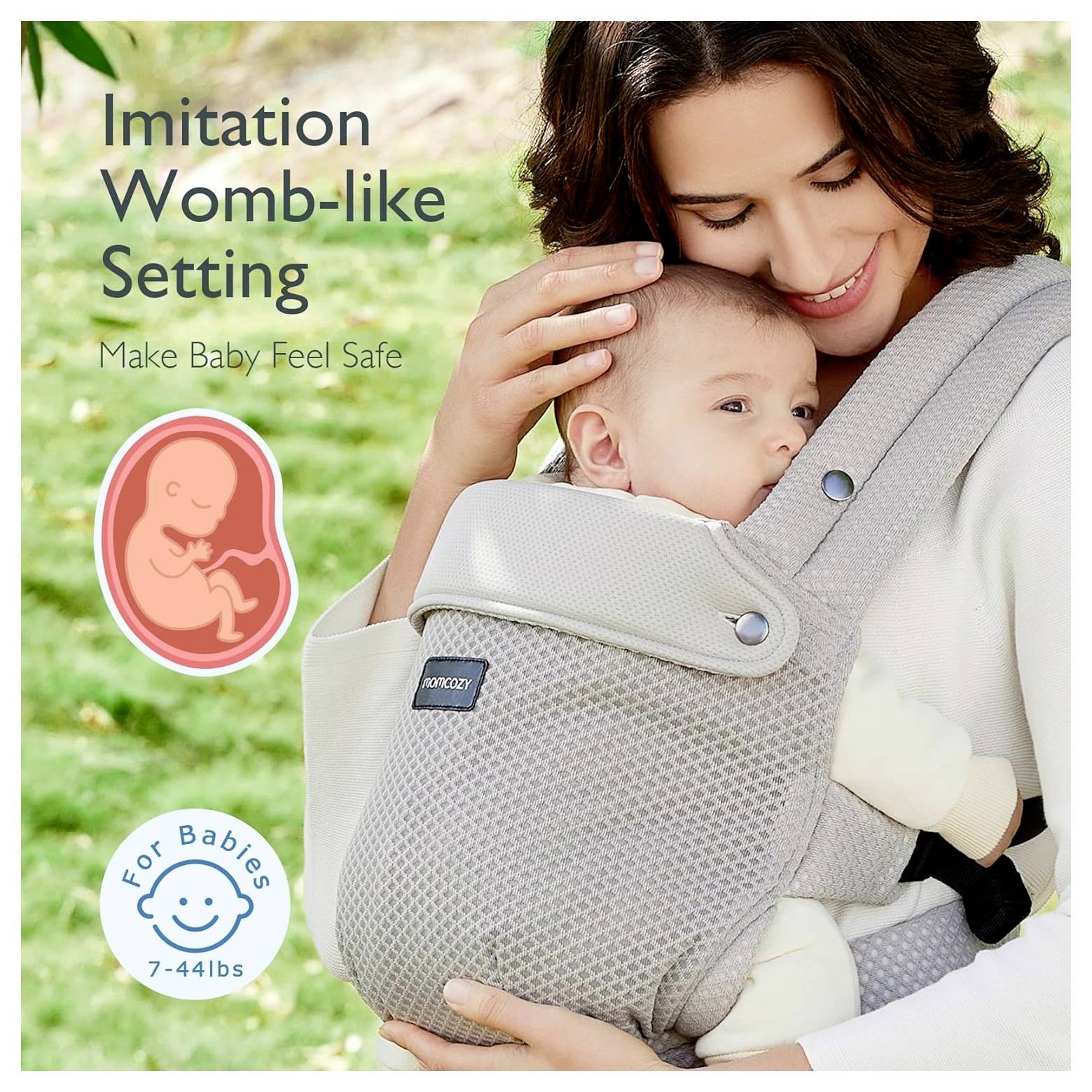 A parent holds a baby in a soft carrier. Text reads 'Imitation womb-like setting. Make baby feel safe.' Suitable for babies 7-44 lbs.
