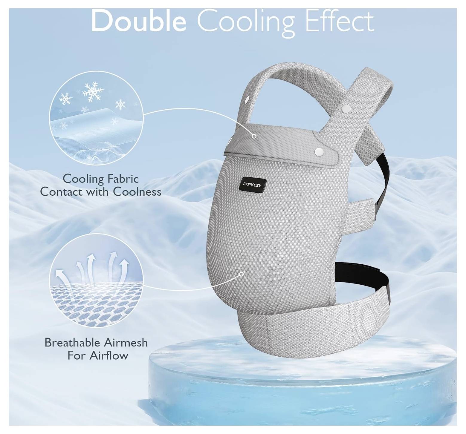 The image shows a baby carrier with two cooling features: 'Cooling Fabric Contact with Coolness' and 'Breathable Airmesh for Airflow.'