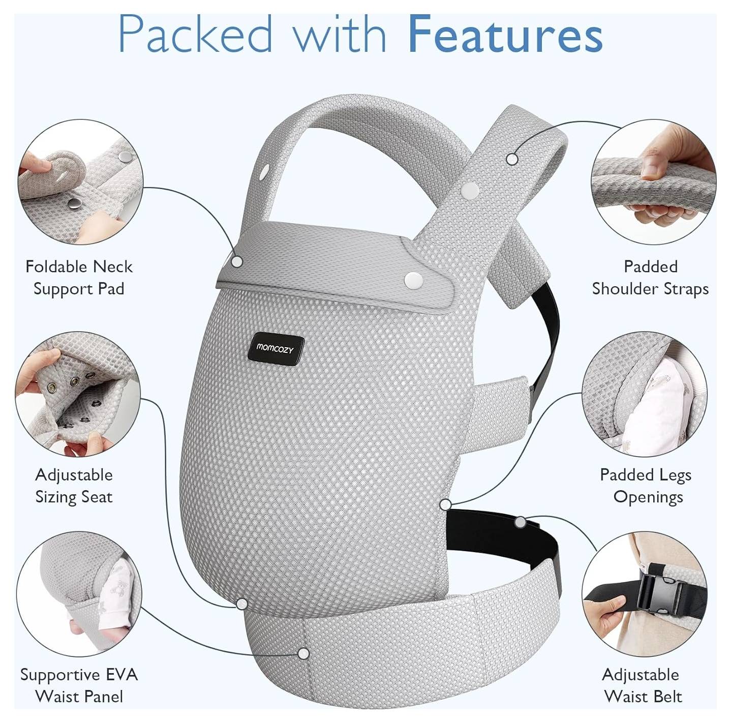Baby carrier with features: foldable neck support, padded shoulder straps, adjustable seat, padded leg openings, supportive waist panel, and adjustable waist belt.