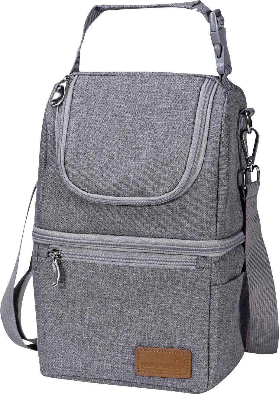 Gray insulated lunch bag with two compartments, front zipper pocket, and adjustable strap, designed for portable food storage.