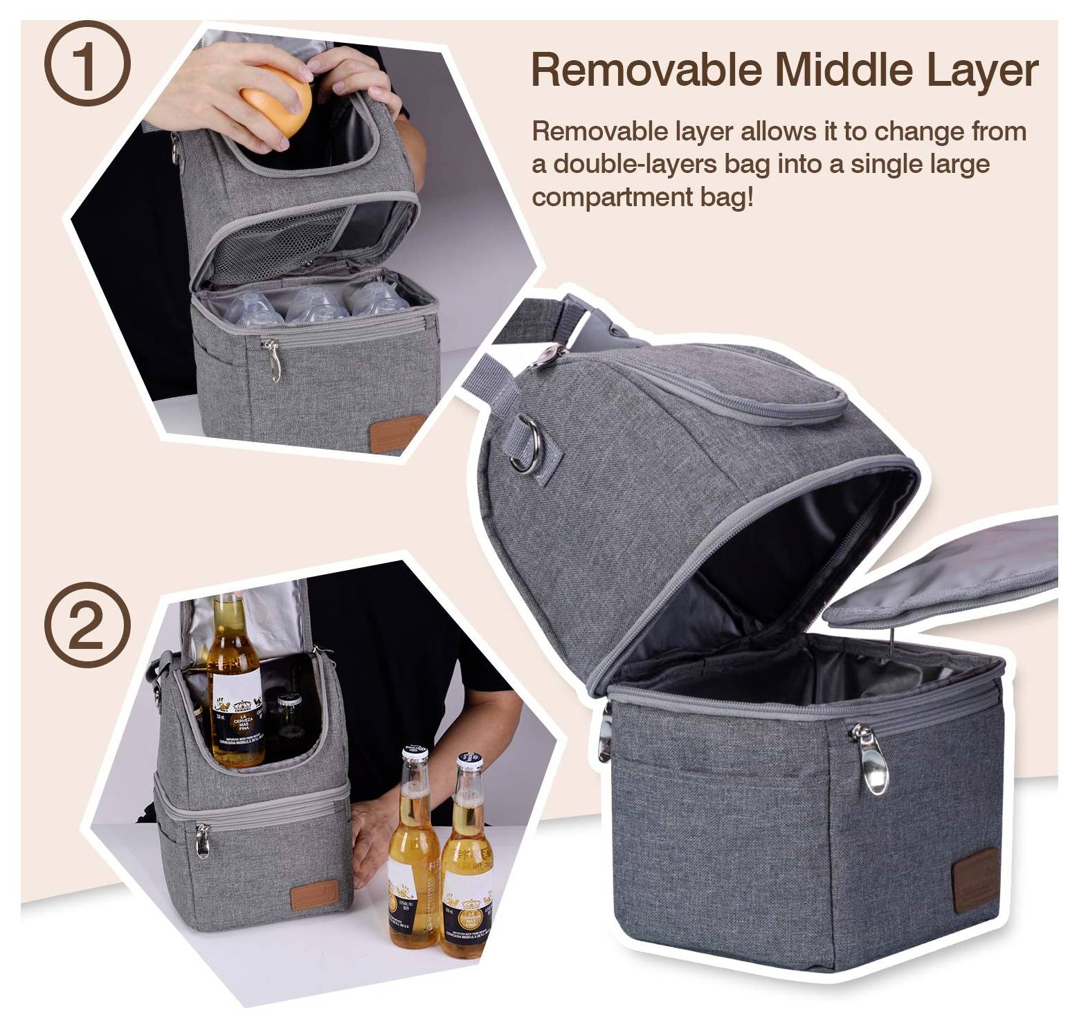 'Image illustrating a convertible bag. Step 1: Remove the middle layer to reveal the storage. Step 2: Bag used to store drinks and snacks.'