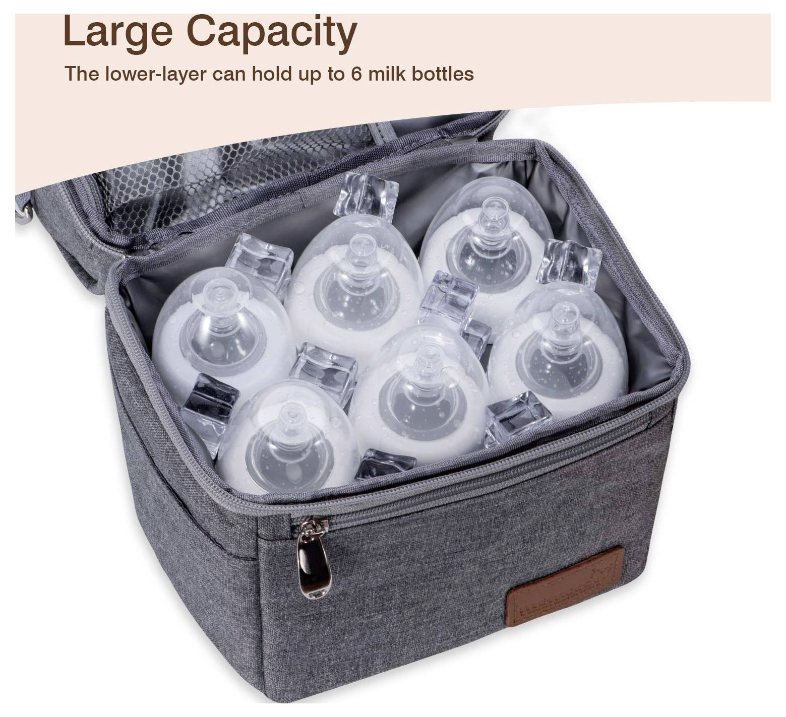 Insulated gray bag with zippered lid, containing six arranged milk bottles. Label reads 'Large Capacity: can hold up to 6 milk bottles'.