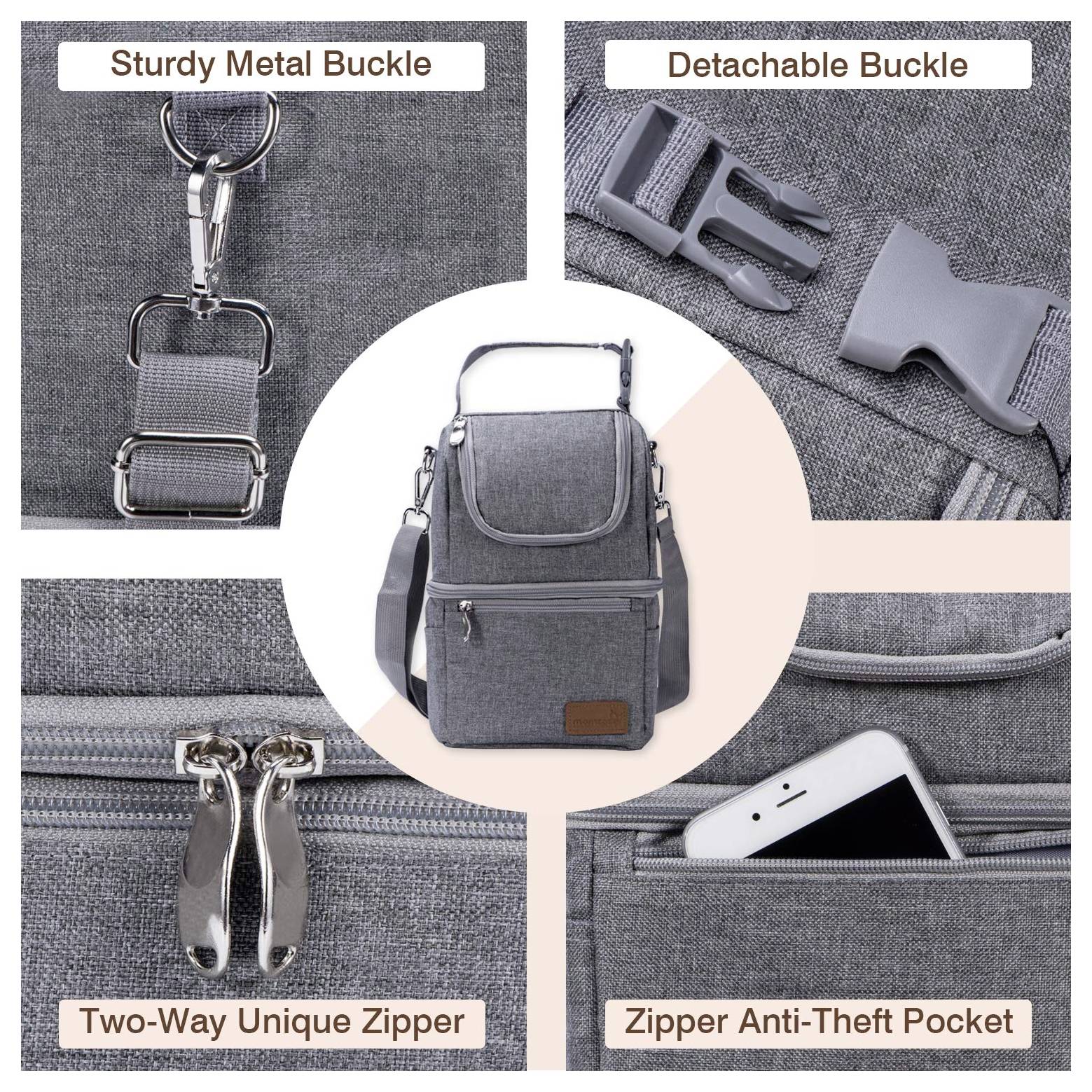 Grey backpack features sturdy metal buckle, detachable buckle, two-way unique zipper, and zipper anti-theft pocket for added security.