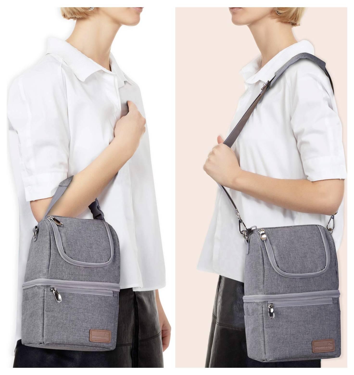 'A person demonstrates two ways to carry a gray insulated lunch bag by hand and over the shoulder, highlighting its versatility.'