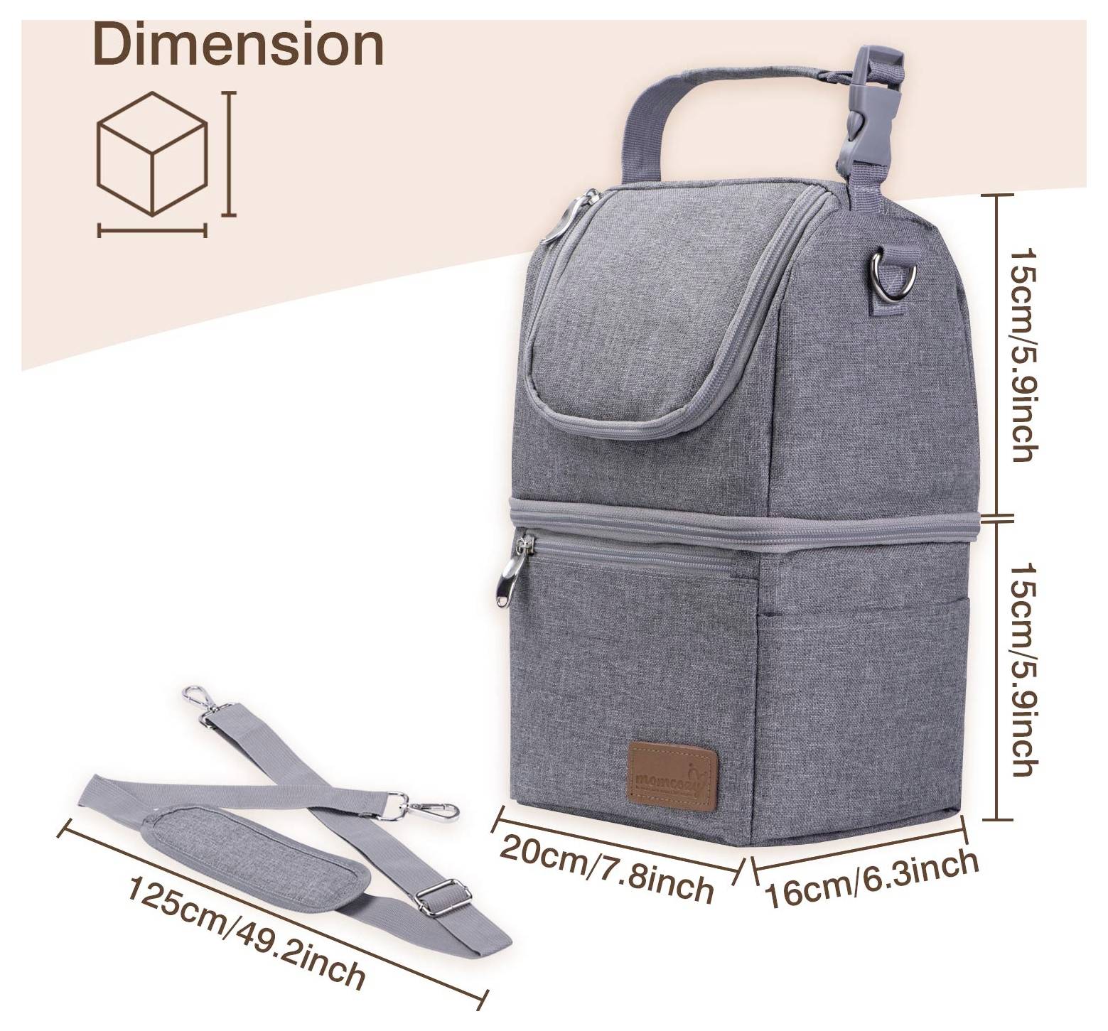 'Diaper Bag Dimensions: 15cm/5.9inch (height), 20cm/7.8inch (length), 16cm/6.3inch (width); strap length 125cm/49.2inch.'