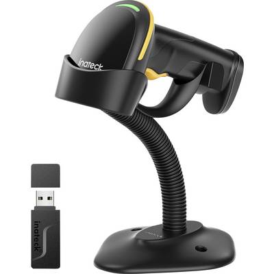 A handheld barcode scanner on a stand with a USB receiver beside it, suitable for retail or inventory management applications.