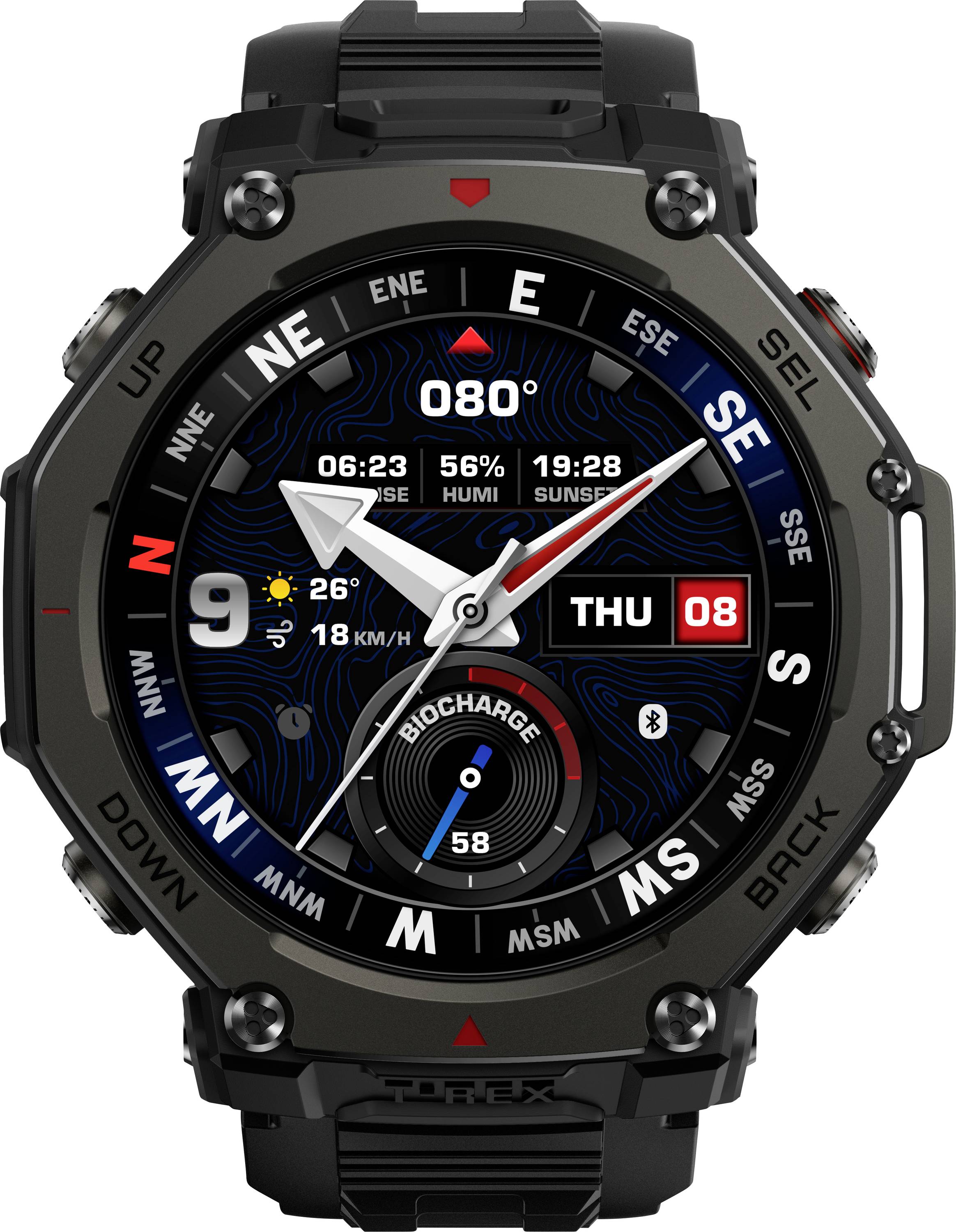 A digital smartwatch display shows the time 06:23, date 'Thu 08', weather 26°C, sunset at 19:28, and various fitness metrics.