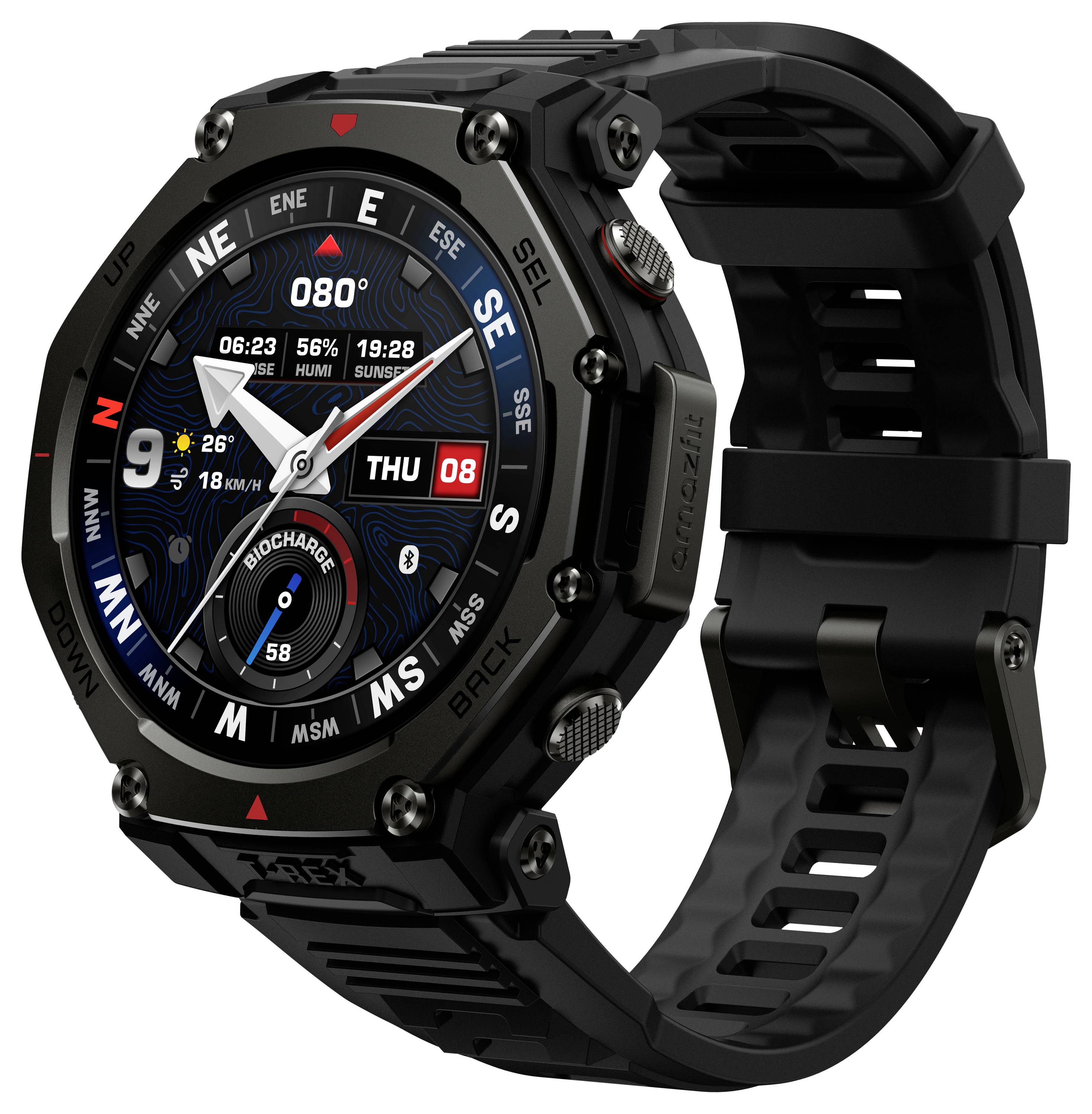 A rugged black smartwatch displaying time, date, compass, weather, and fitness tracking features on its circular screen.