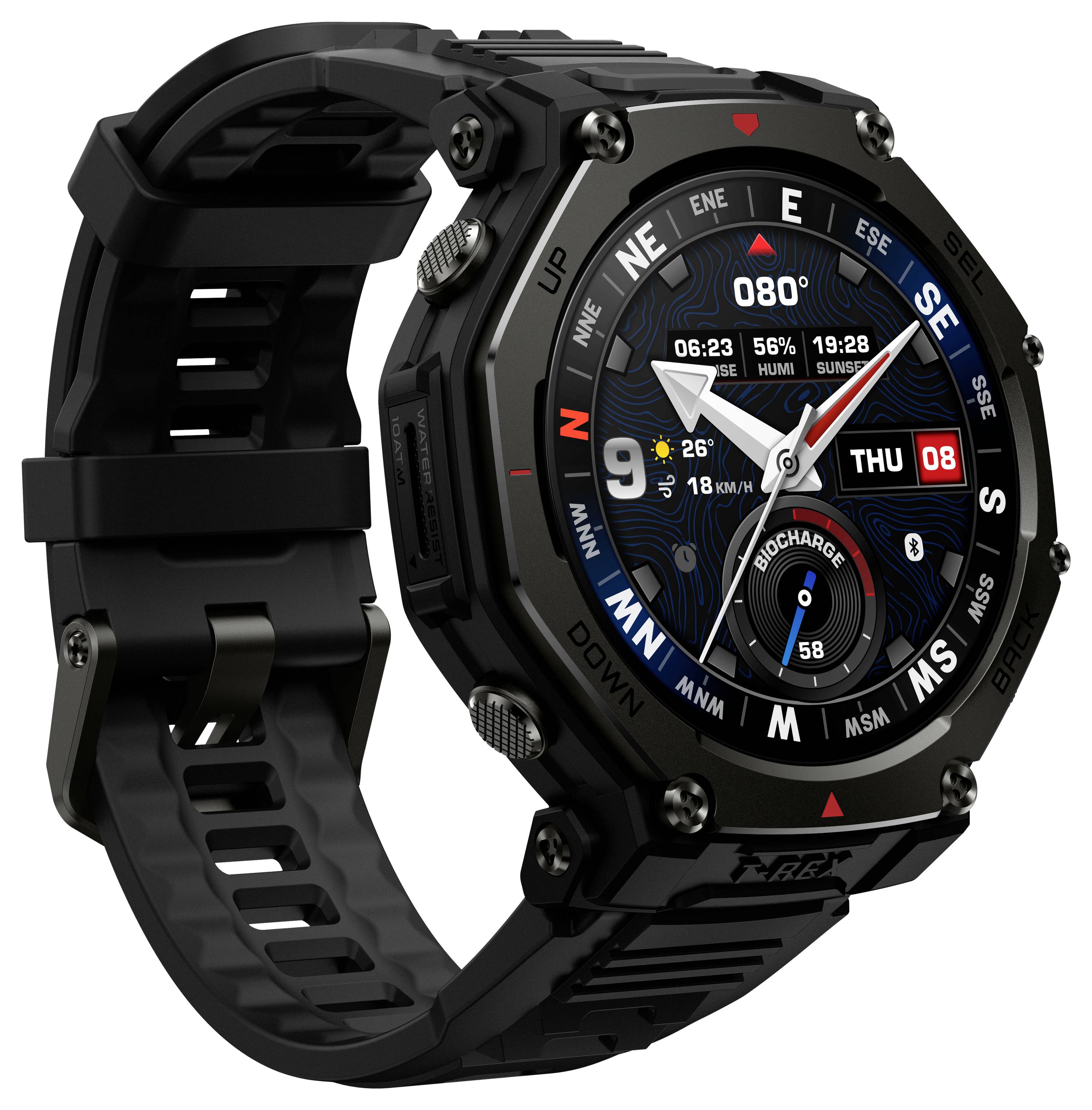 A rugged black smartwatch displaying compass directions and fitness data, including steps and heart rate, with a digital time and date.