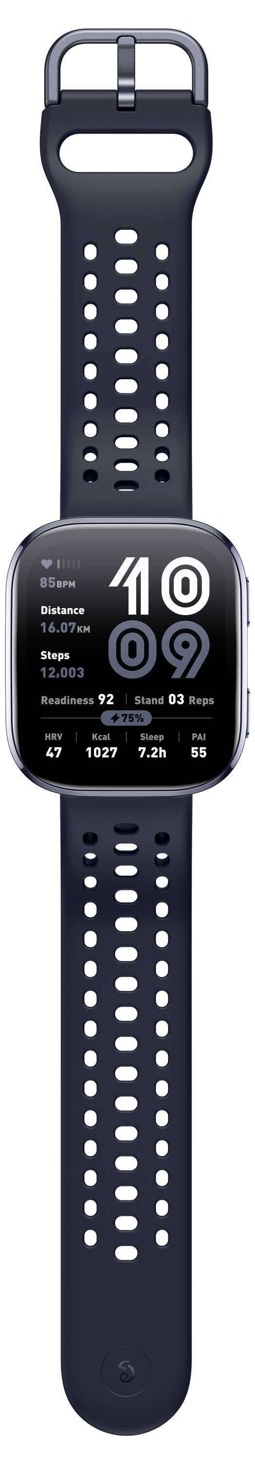 Black smartwatch with large display showing time '10:09', date 'Fri 24', and daily activity stats such as steps and heart rate.