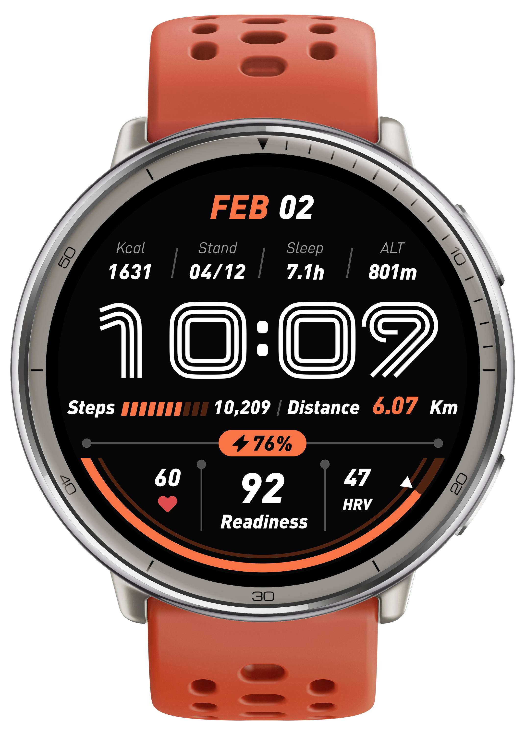 Smartwatch displaying time '10:07', date 'Feb 02', steps '10,209', distance '6.07 Km', calories '1631', heart rate '60', and readiness score '92'.