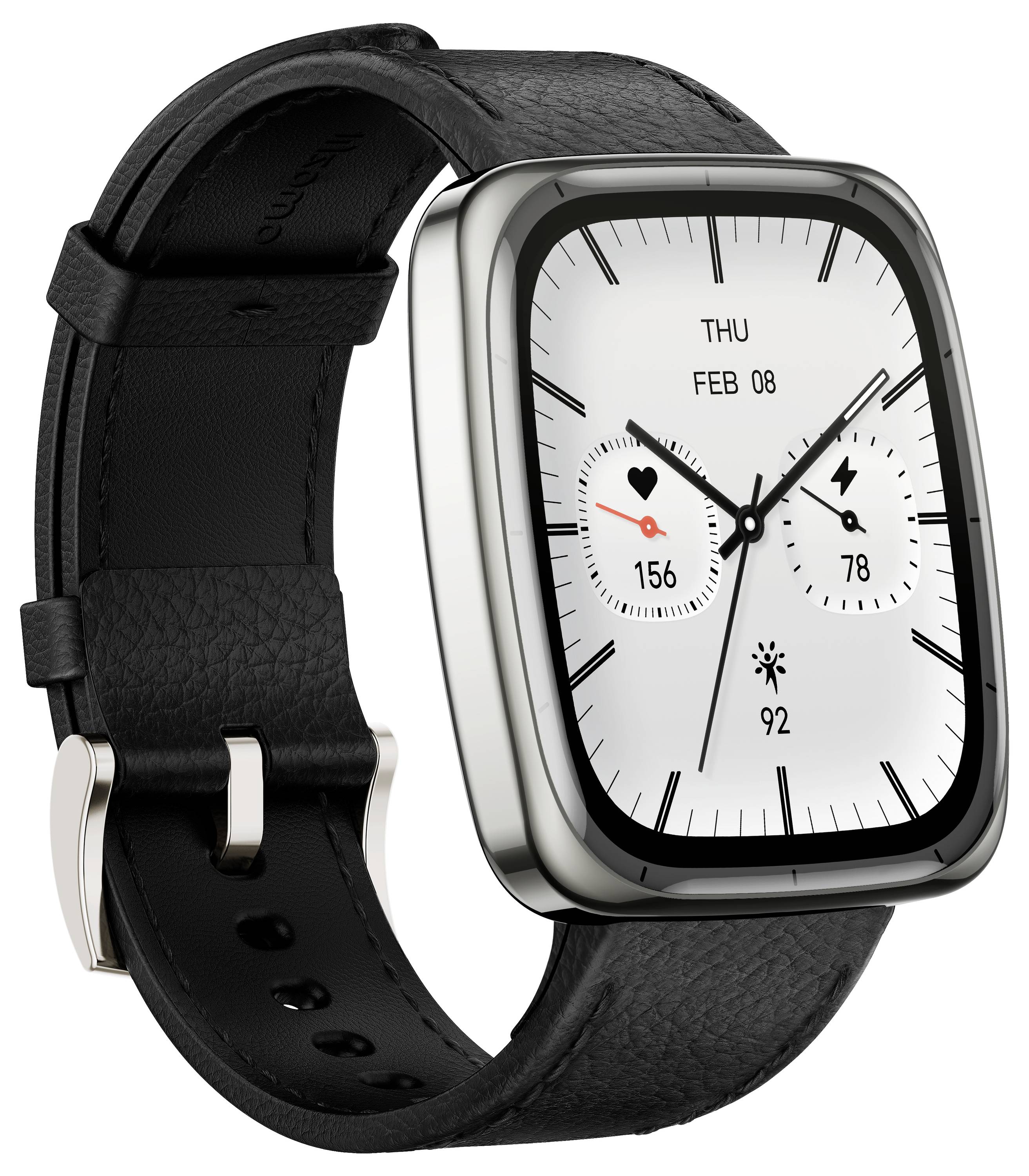 A rectangular smartwatch with a black leather strap displays the date 'Thu Feb 08' and two dials showing heart rate and activity levels.