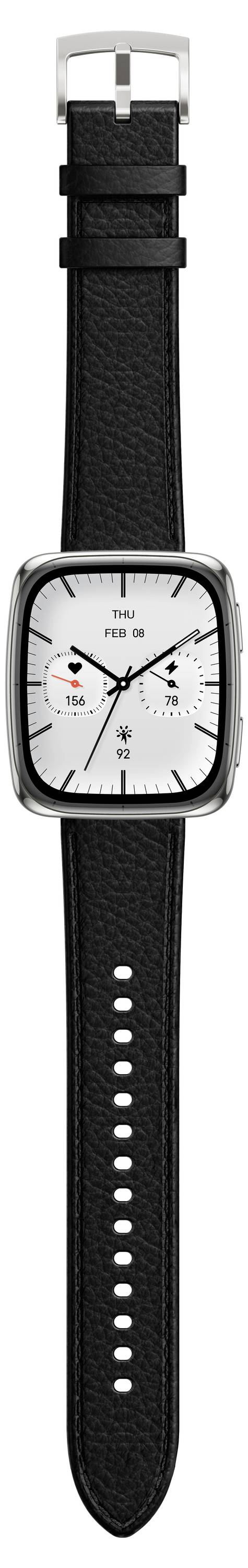 A black leather-strapped, square-faced wristwatch with silver casing, displaying the time with hour, minute, and second hands.